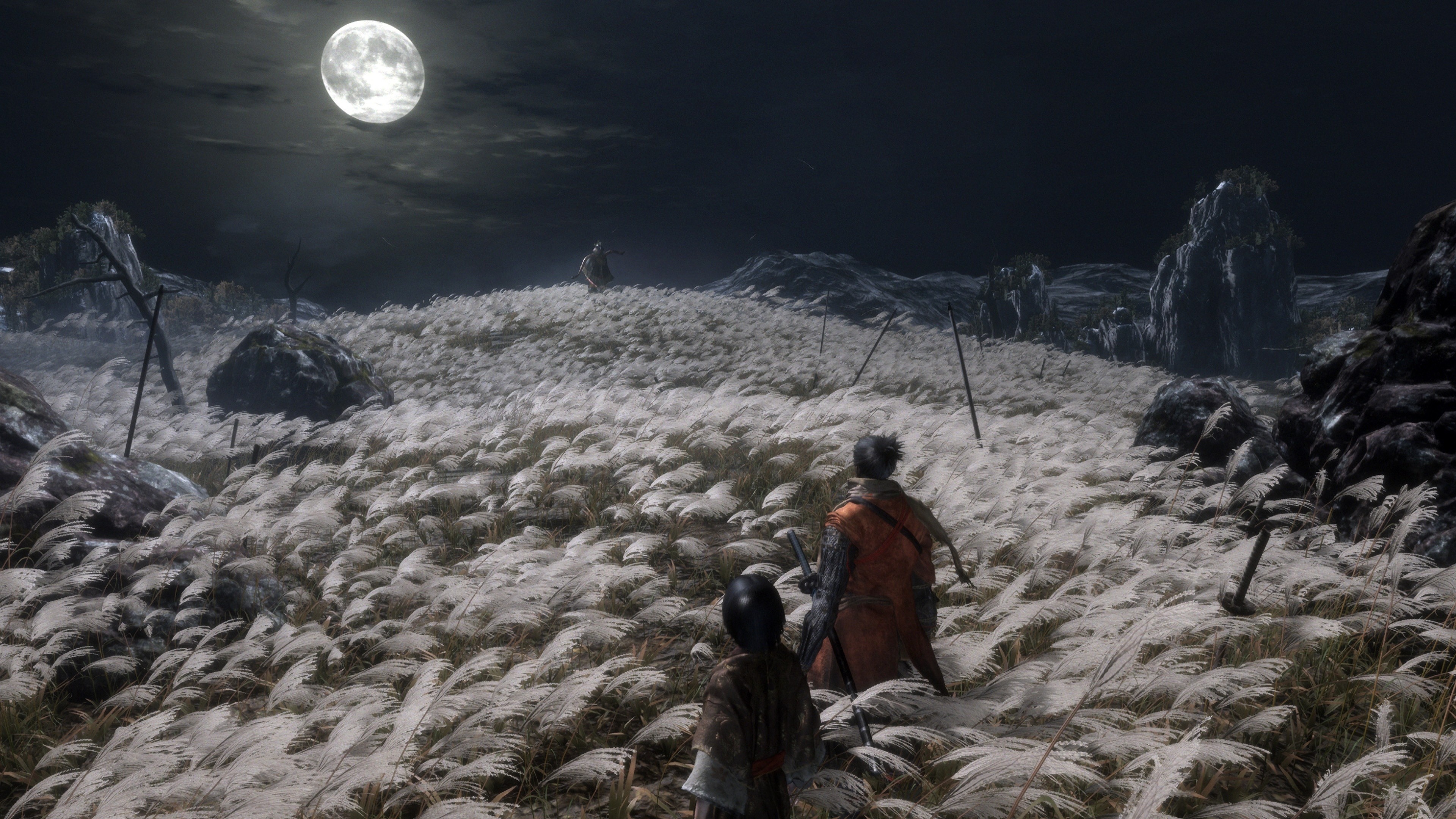 Sekiro, Kuro the Divine Heir, Genichiro Ashina, silvergrass field under moonlight, 4K Desktop wallpaper