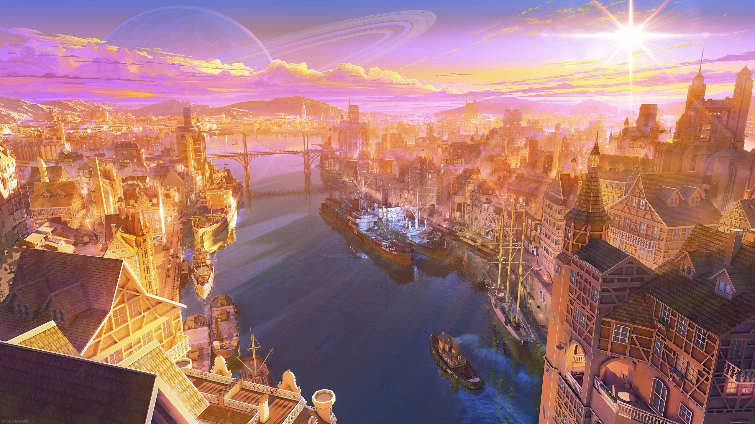 ringed planet in sky, anime steampunk port city, vintage steamships on river, half-timbered harbor buildings, HD Desktop wallpaper