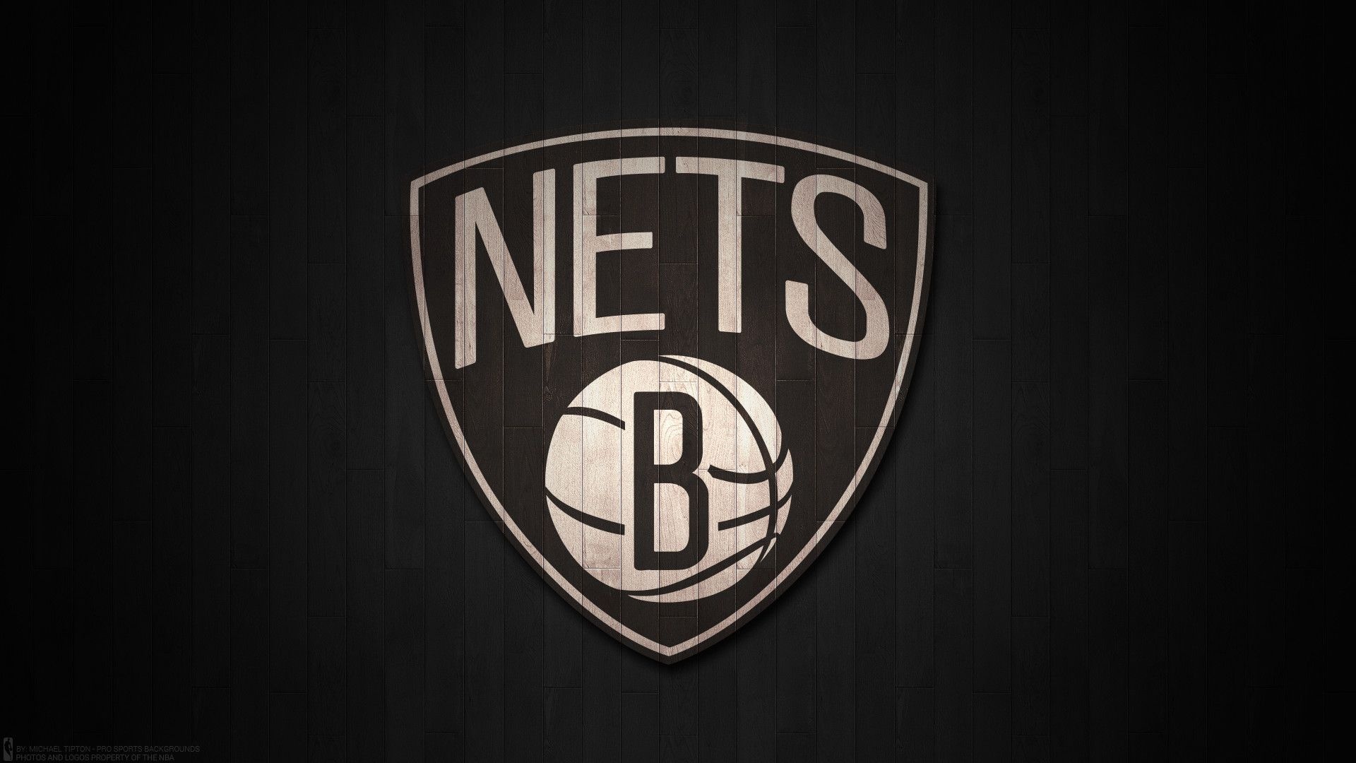 Brooklyn Nets shield logo, Basketball B monogram, NBA hardwood court backdrop, Full HD Desktop wallpaper