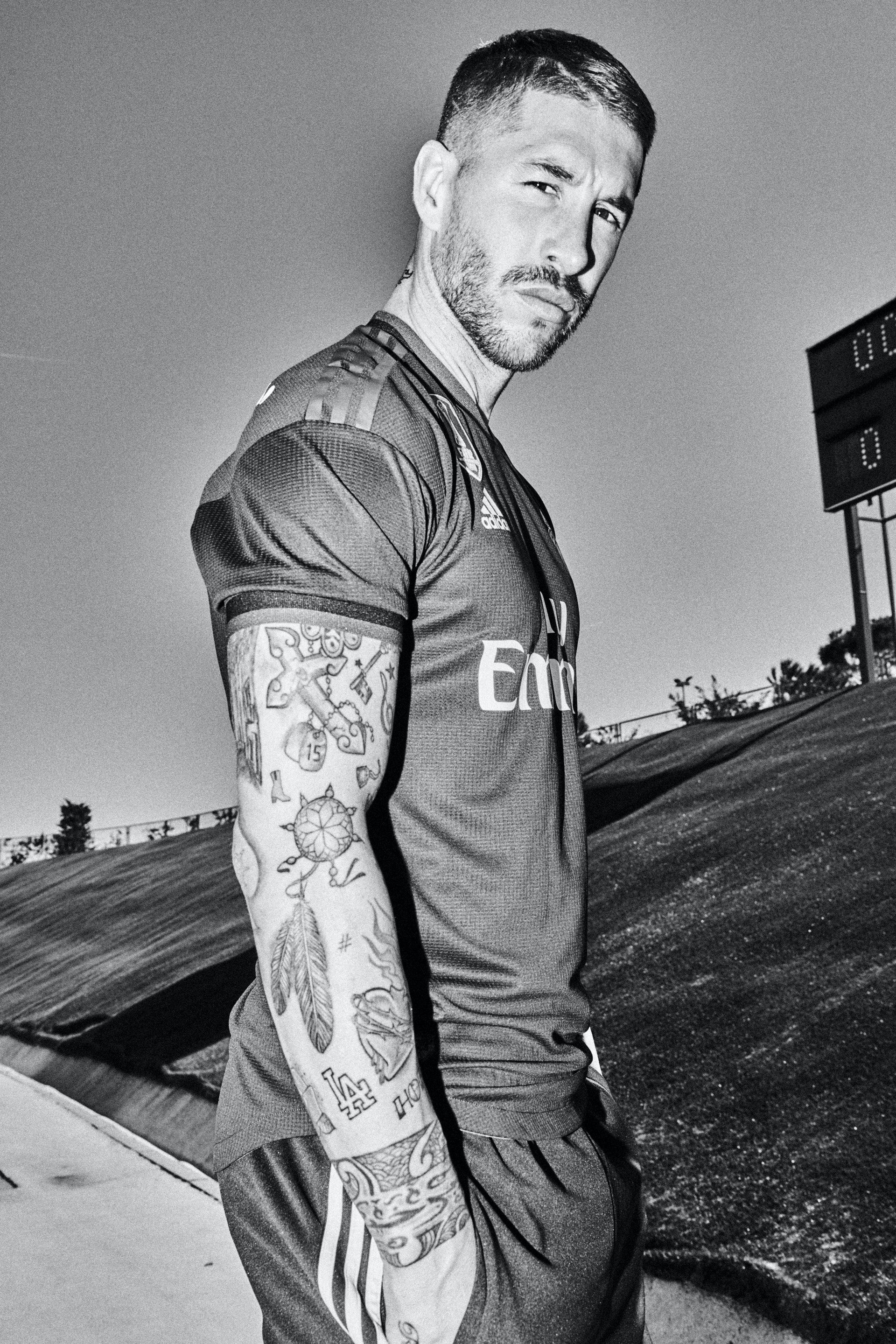Sergio Ramos, arm tattoos, Real Madrid jersey, HD Phone wallpaper