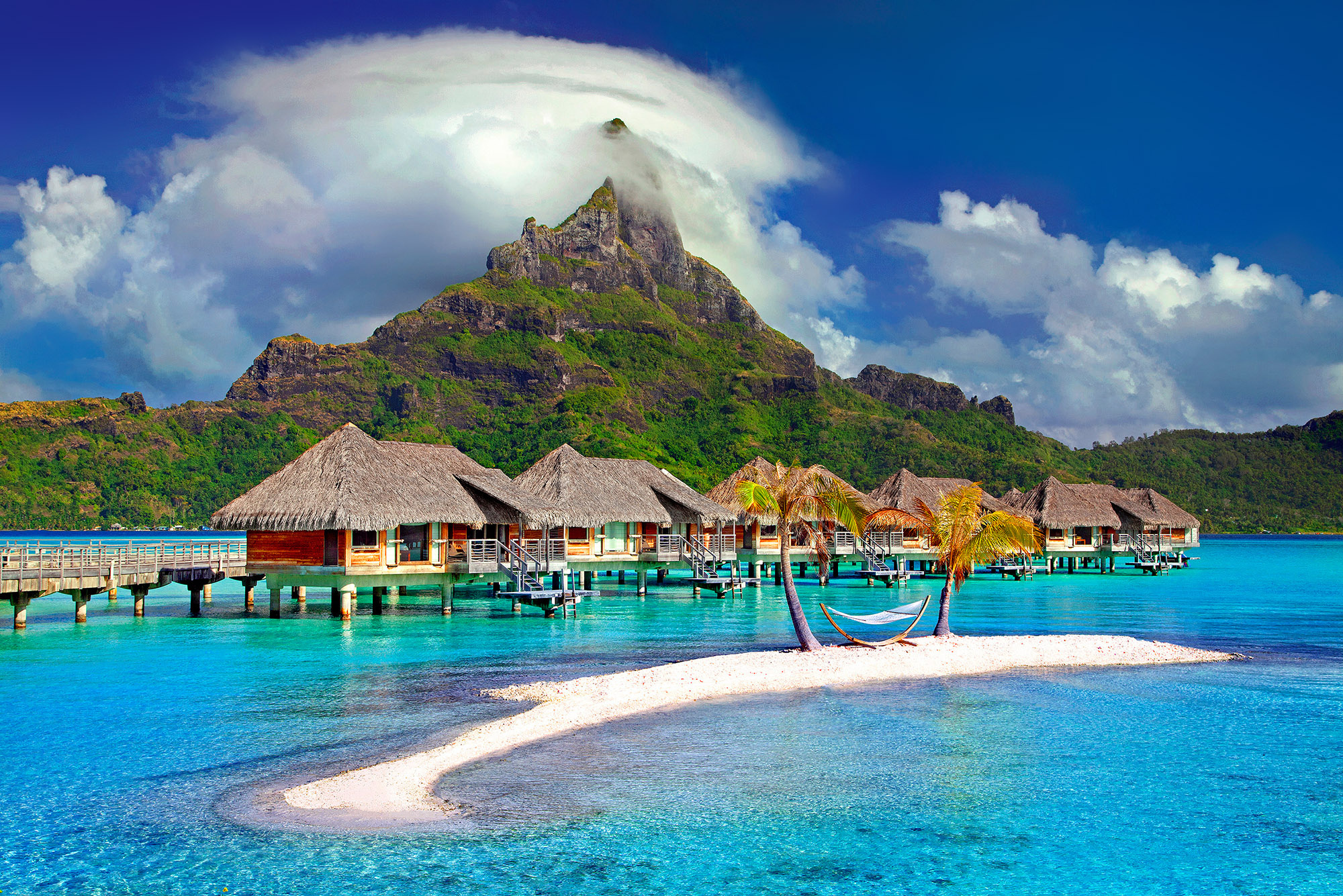Mount Otemanu, thatched overwater bungalows, sandbar with hammock, HD Desktop wallpaper