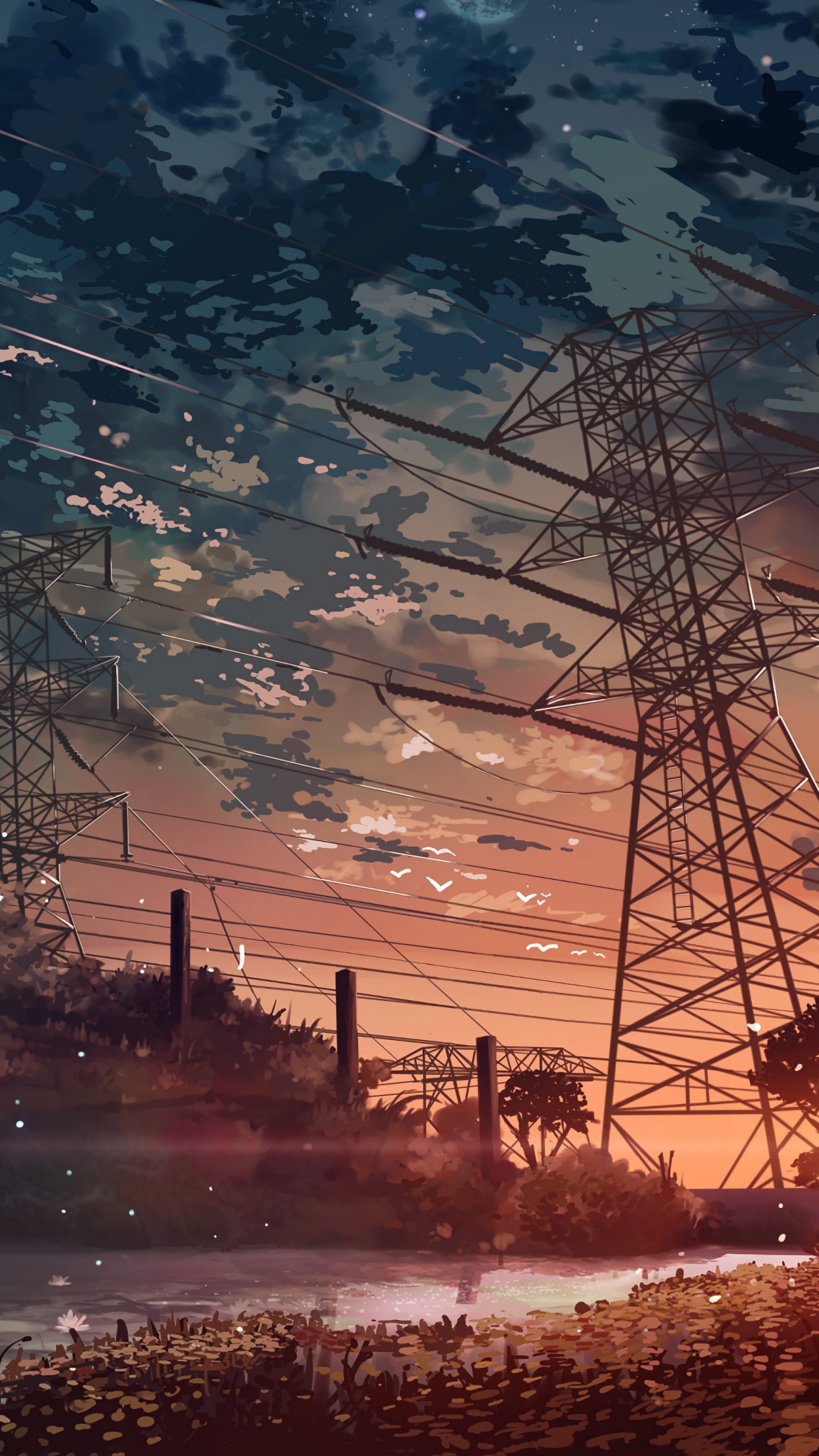 electrical transmission tower, sunset twilight sky, flowering riverbank, 4K Phone wallpaper