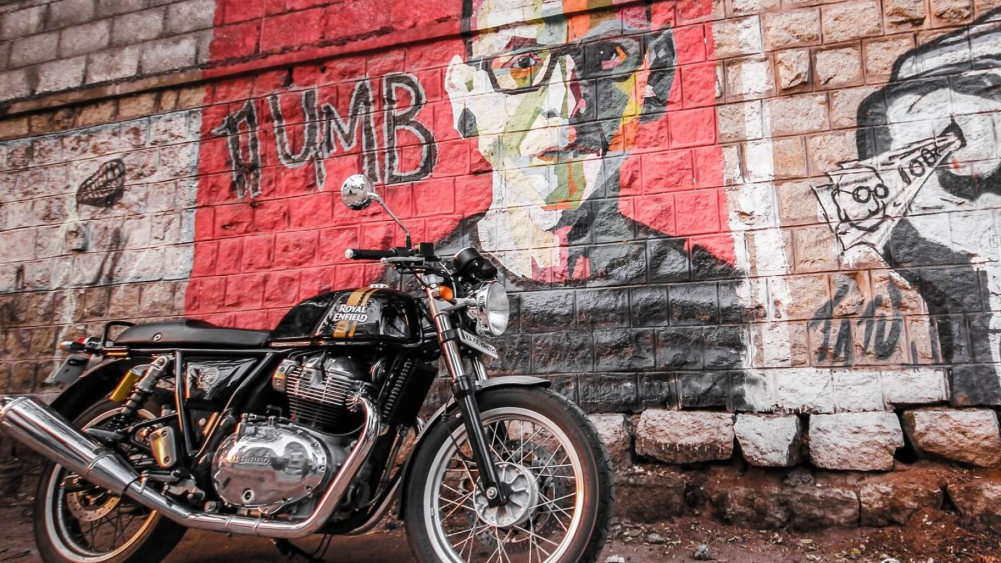 Royal Enfield Continental GT 650, Graffiti street art brick wall, Chrome upswept exhaust pipe, HD Desktop wallpaper