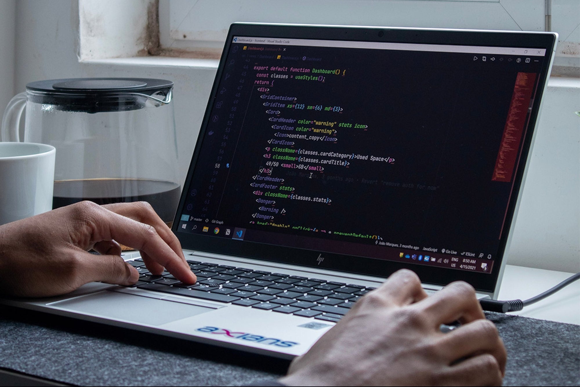 Visual Studio Code, HP laptop keyboard, hands typing code, HD Desktop wallpaper