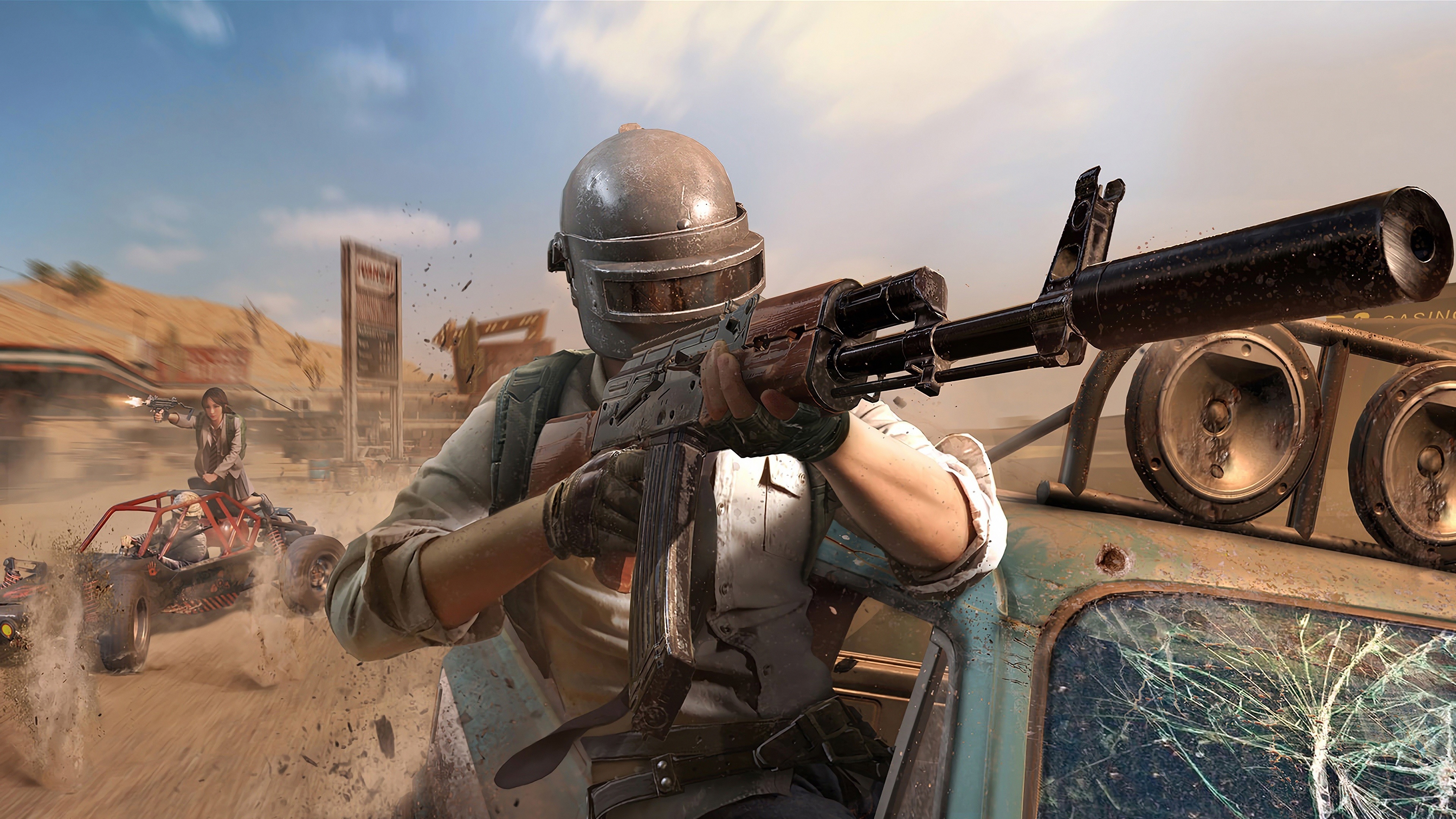 PUBG Lone Survivor, AKM assault rifle, PUBG Miramar map, off-road buggy, 4K Desktop wallpaper