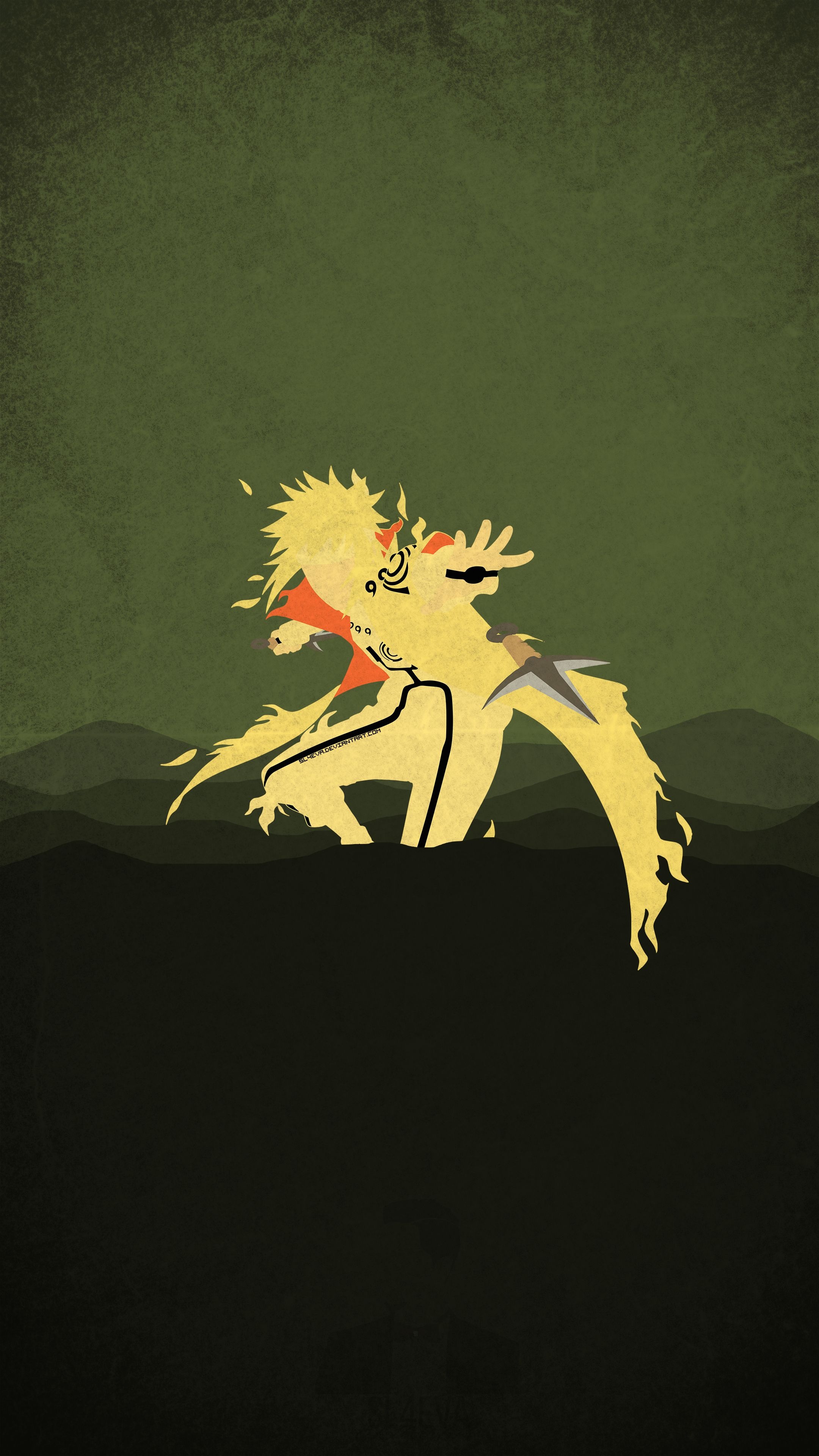 Kurama Chakra Mode Minato, Flying Thunder God kunai, minimalist green landscape, 4K Phone wallpaper