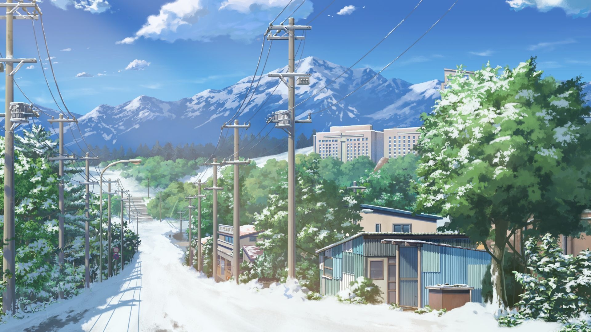 snow-capped mountain range, utility poles with powerlines, snow-covered rural road, Full HD Desktop wallpaper