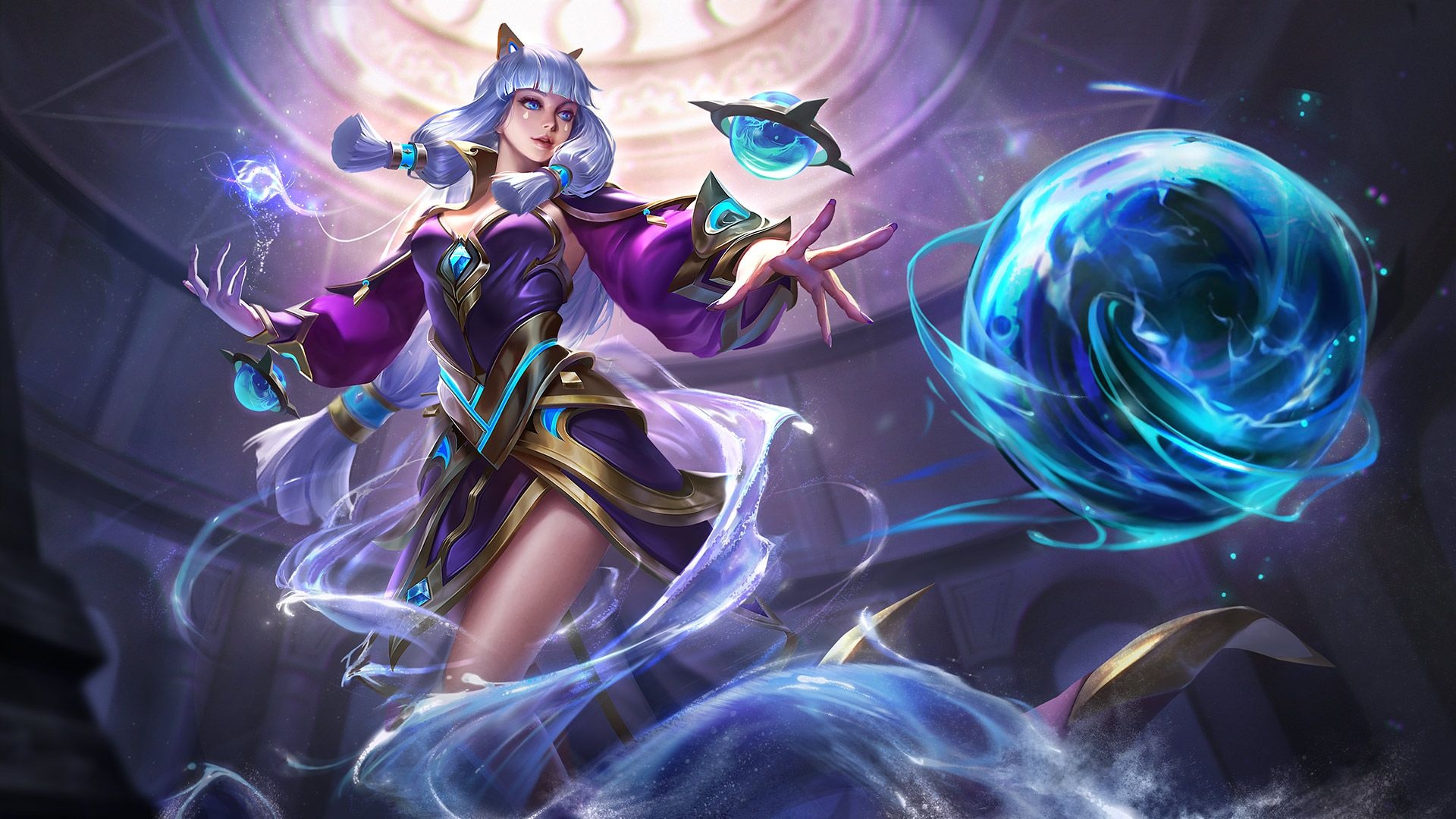 Mobile Legends Luo Yi, swirling blue energy sphere, purple mystical robe, Full HD Desktop wallpaper