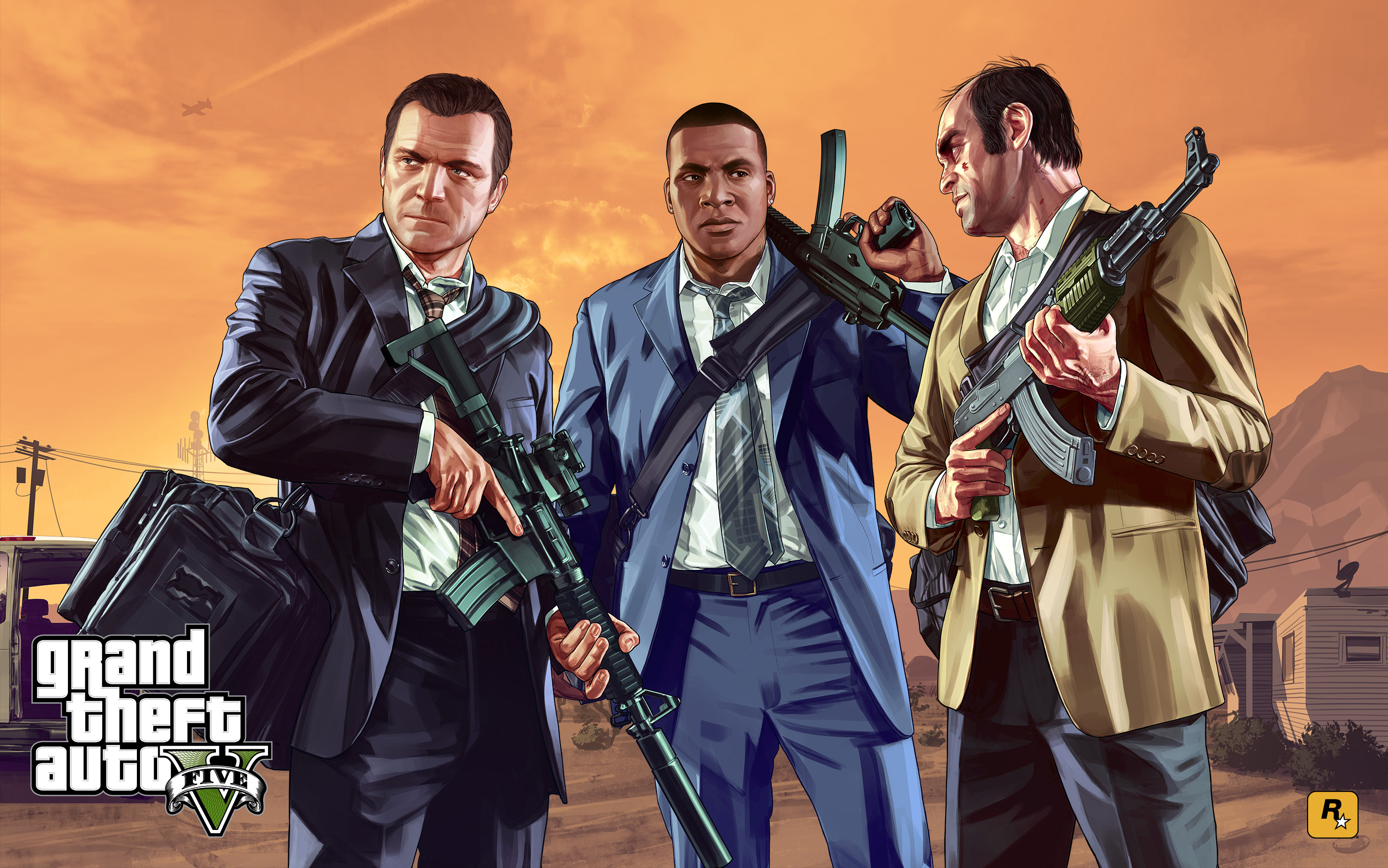 Michael De Santa in navy suit, Franklin Clinton in blue suit, Trevor Philips in tan blazer, Assault rifles and SMG, Grand Theft Auto V logo, HD Desktop wallpaper