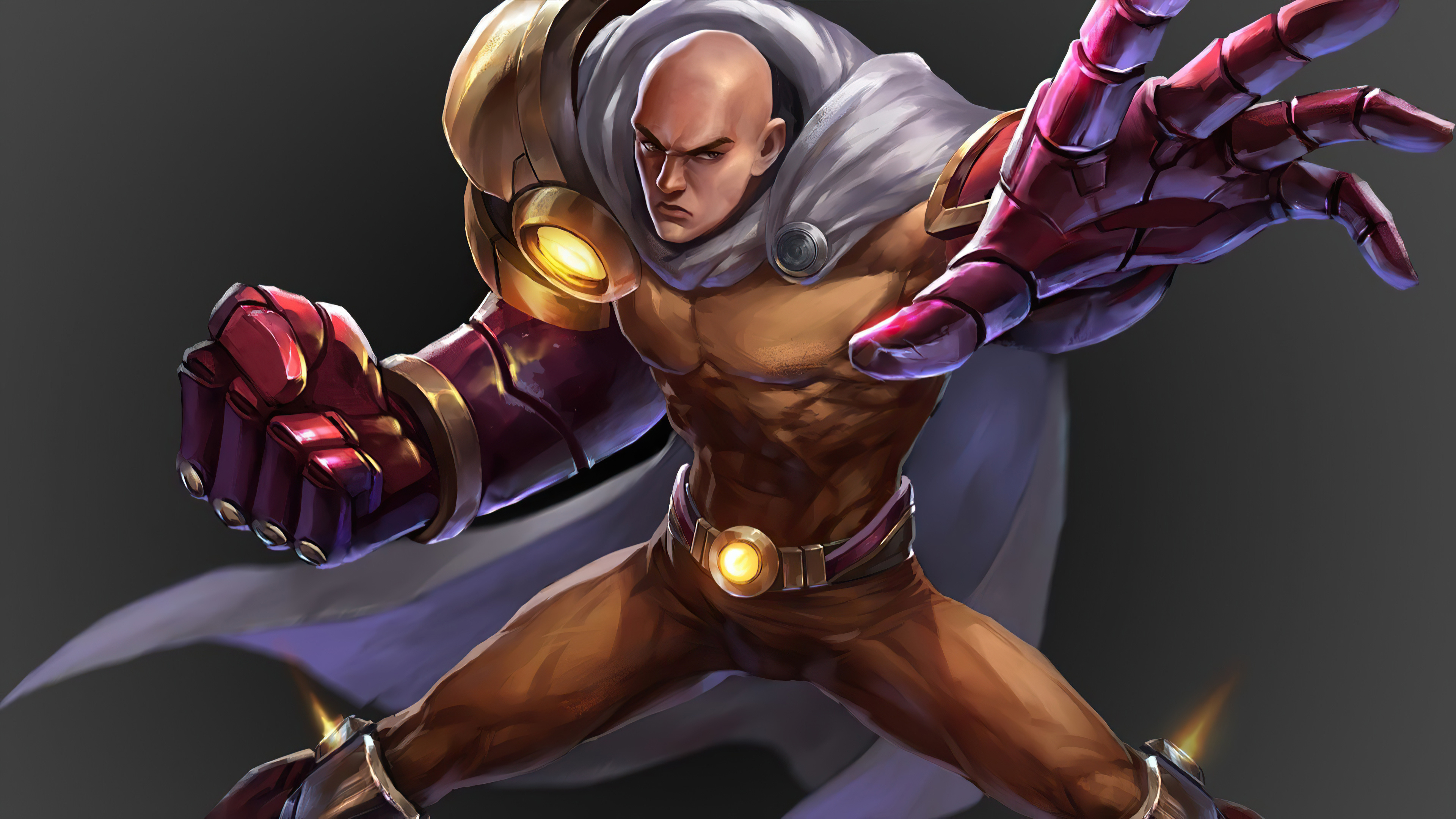 Saitama, Iron Man armor crossover, Flowing white hero cape, 4K Desktop wallpaper