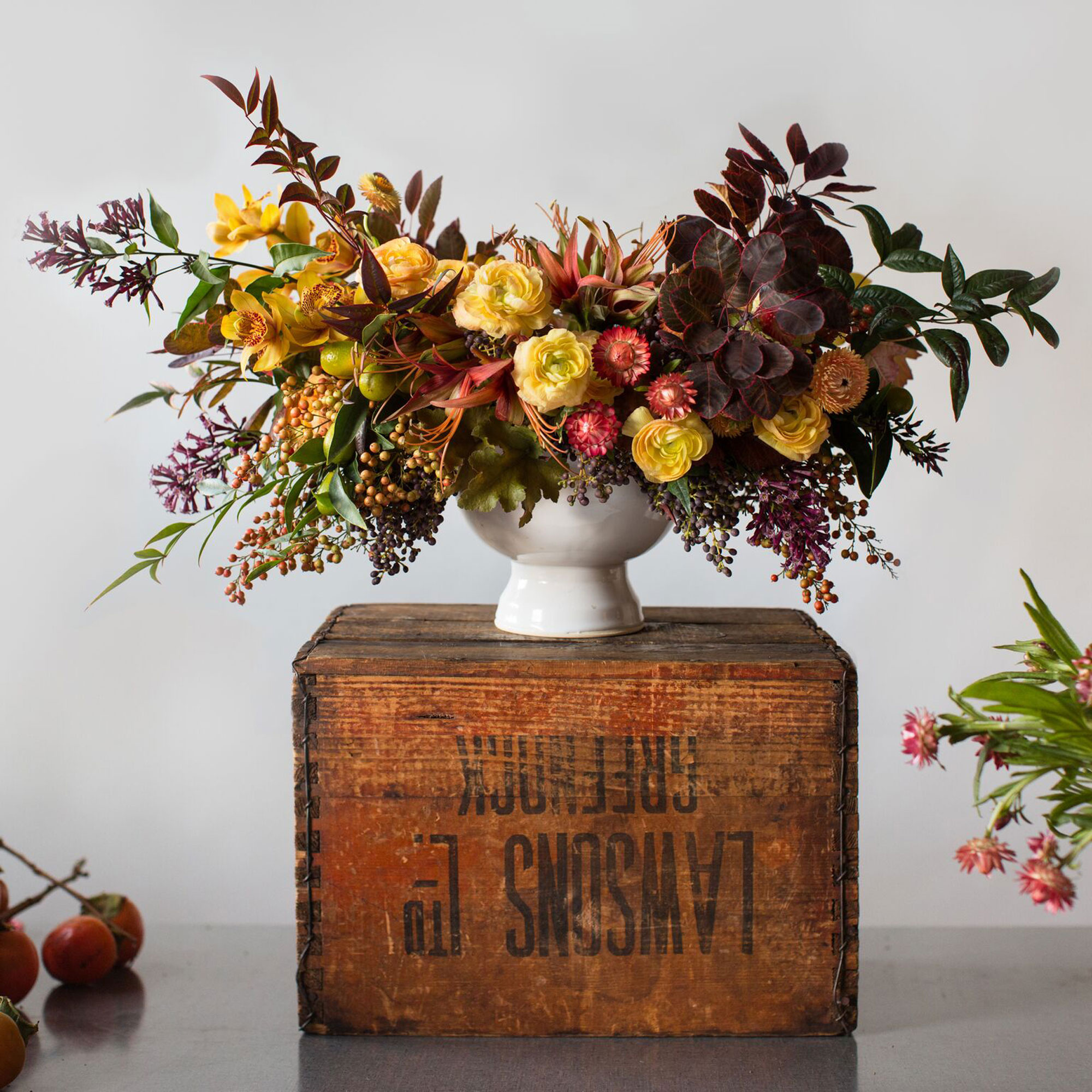Autumn floral centerpiece, White ceramic pedestal bowl, Vintage wooden crate, HD Phone wallpaper