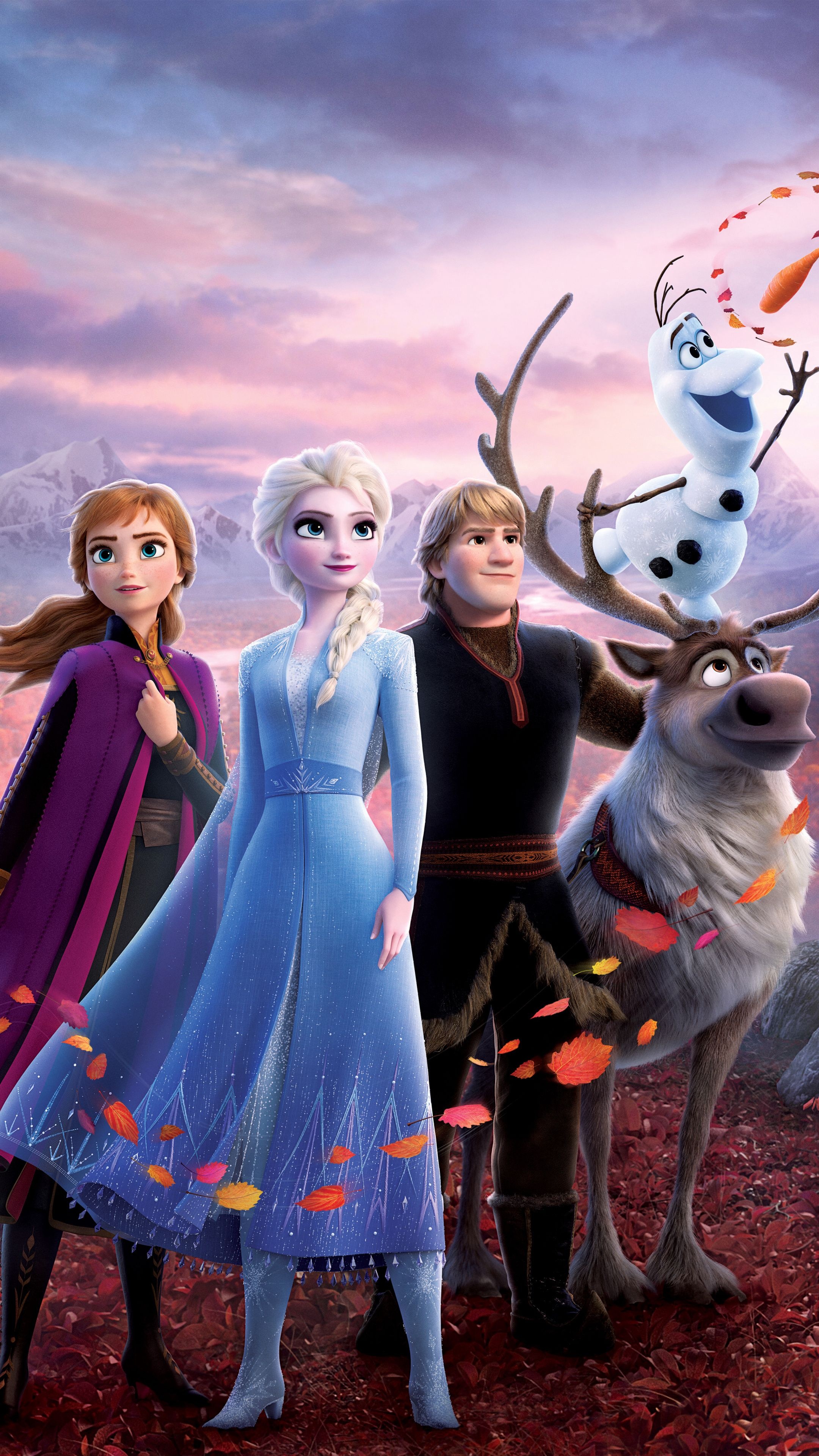 Elsa, Anna, Kristoff, Olaf, Sven, 4K Phone wallpaper
