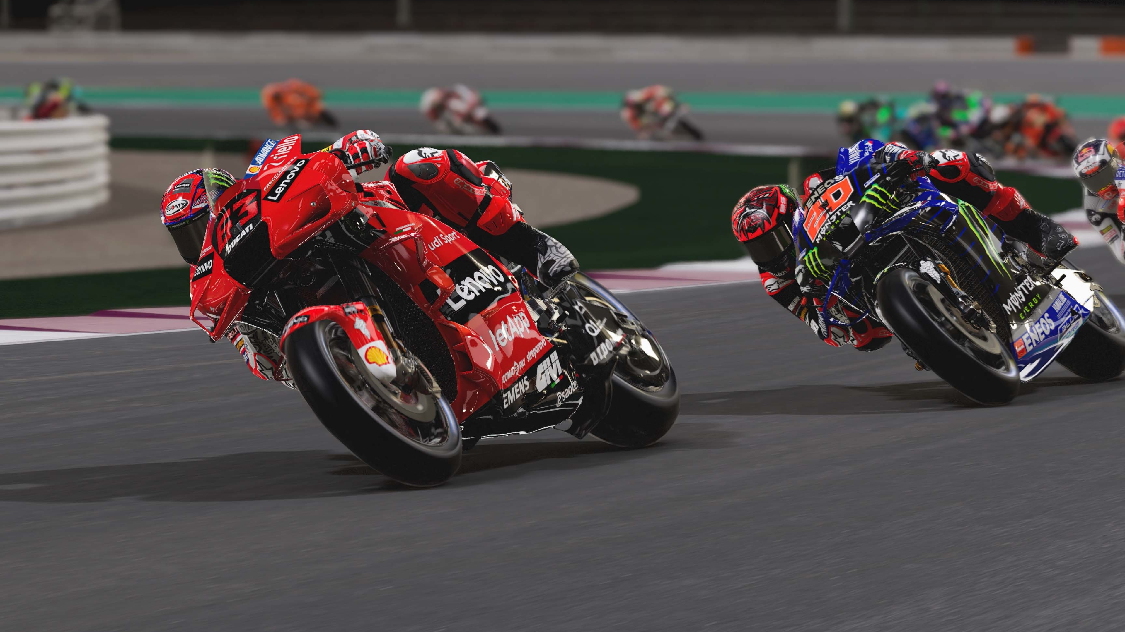 Ducati Lenovo Team Desmosedici GP, Monster Energy Yamaha YZR-M1, MotoGP circuit curve, 4K Desktop wallpaper
