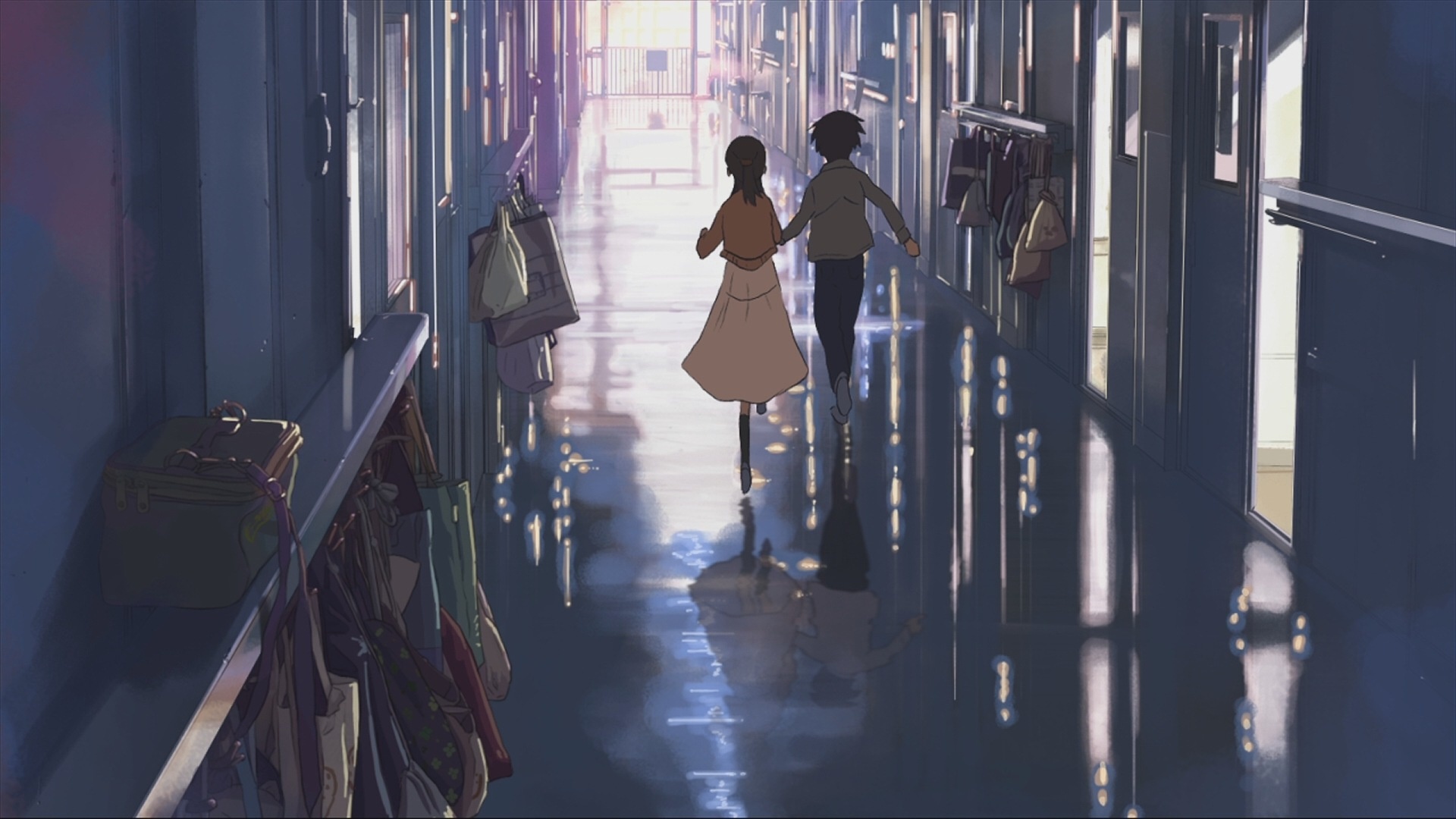 Takaki Tono and Akari Shinohara, 5 Centimeters per Second, Reflective school corridor, Full HD Desktop wallpaper