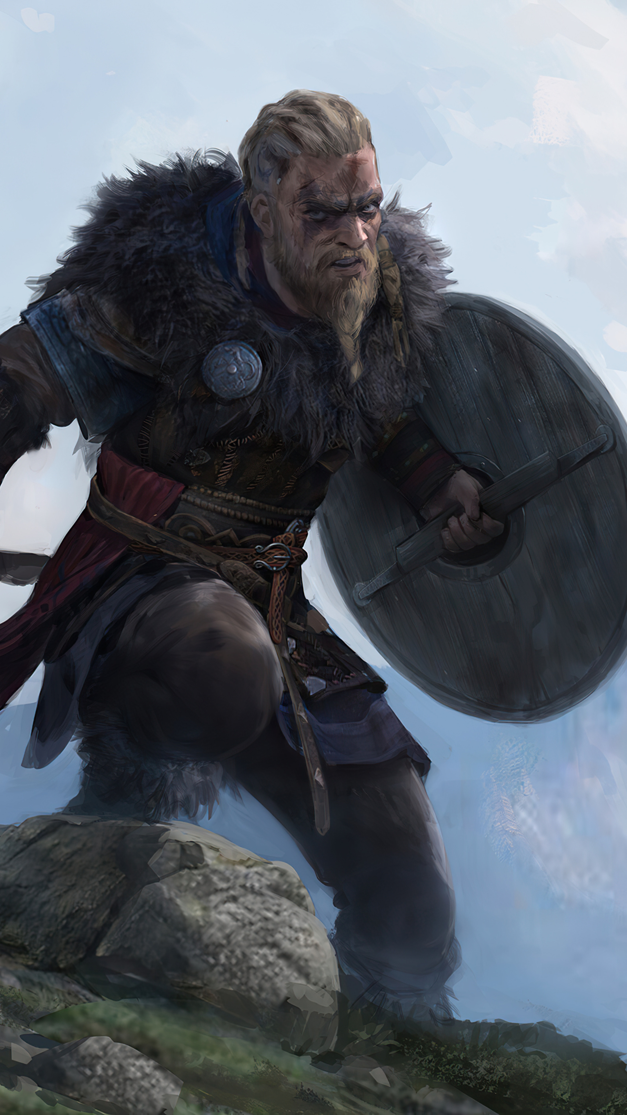 Eivor in Assassin's Creed Valhalla, Viking wooden round shield, Rocky mountain hillside, 4K Phone wallpaper