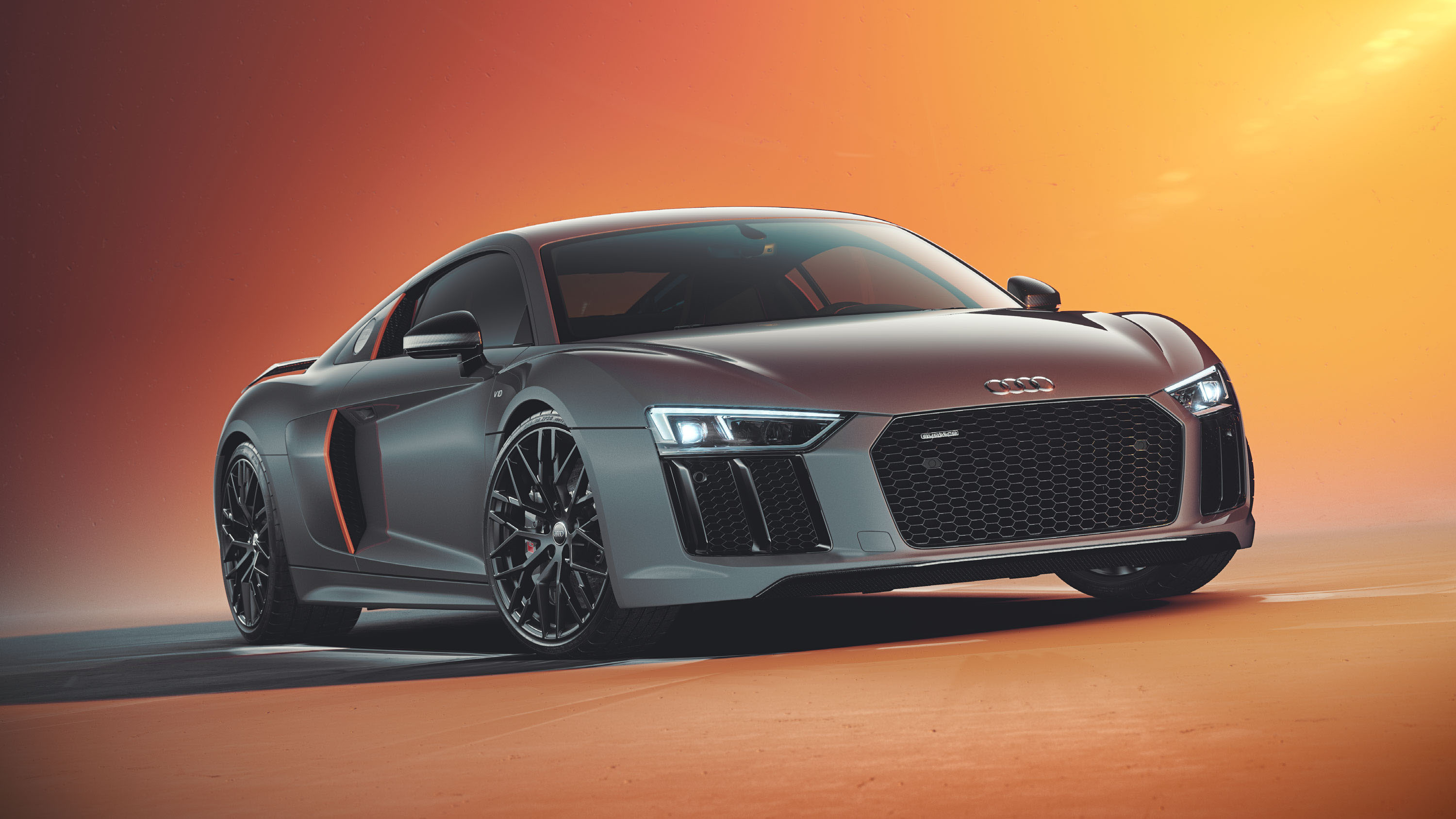 Audi R8 V10 Coupe, Audi rings logo, warm studio lighting, HD Desktop wallpaper