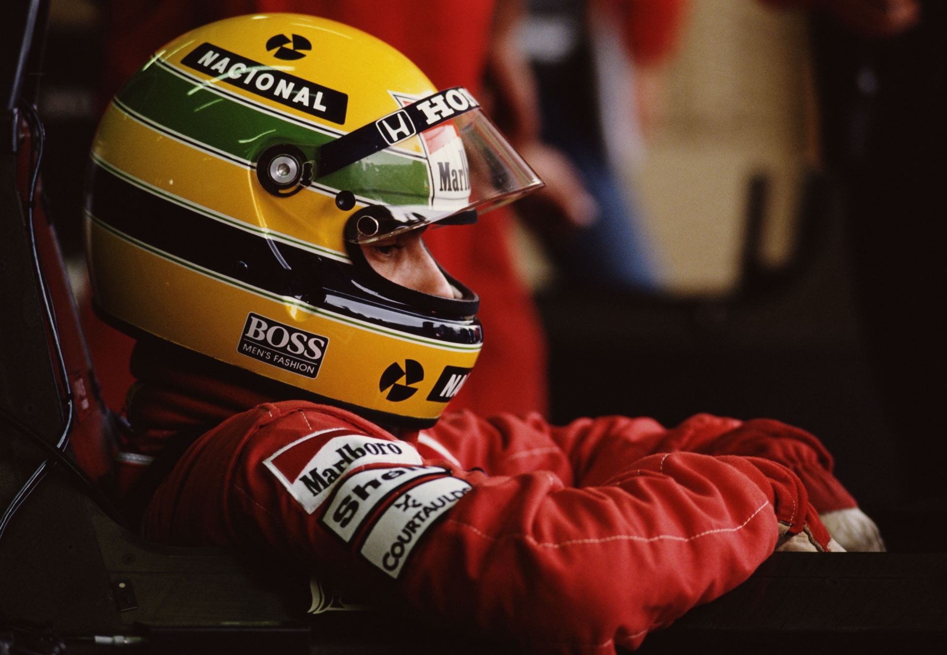 Ayrton Senna, Yellow Nacional helmet, Red McLaren racing suit, HD Desktop wallpaper