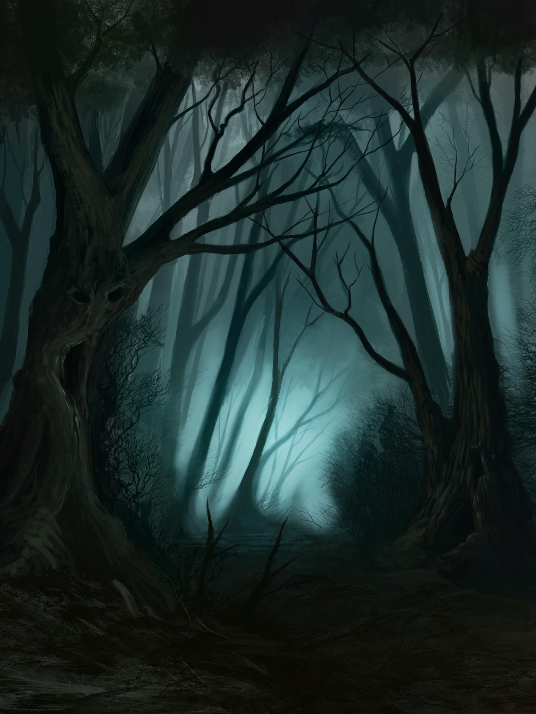 gnarled face-like tree trunk, misty dark forest clearing, twisted bare tree branches, HD Phone wallpaper