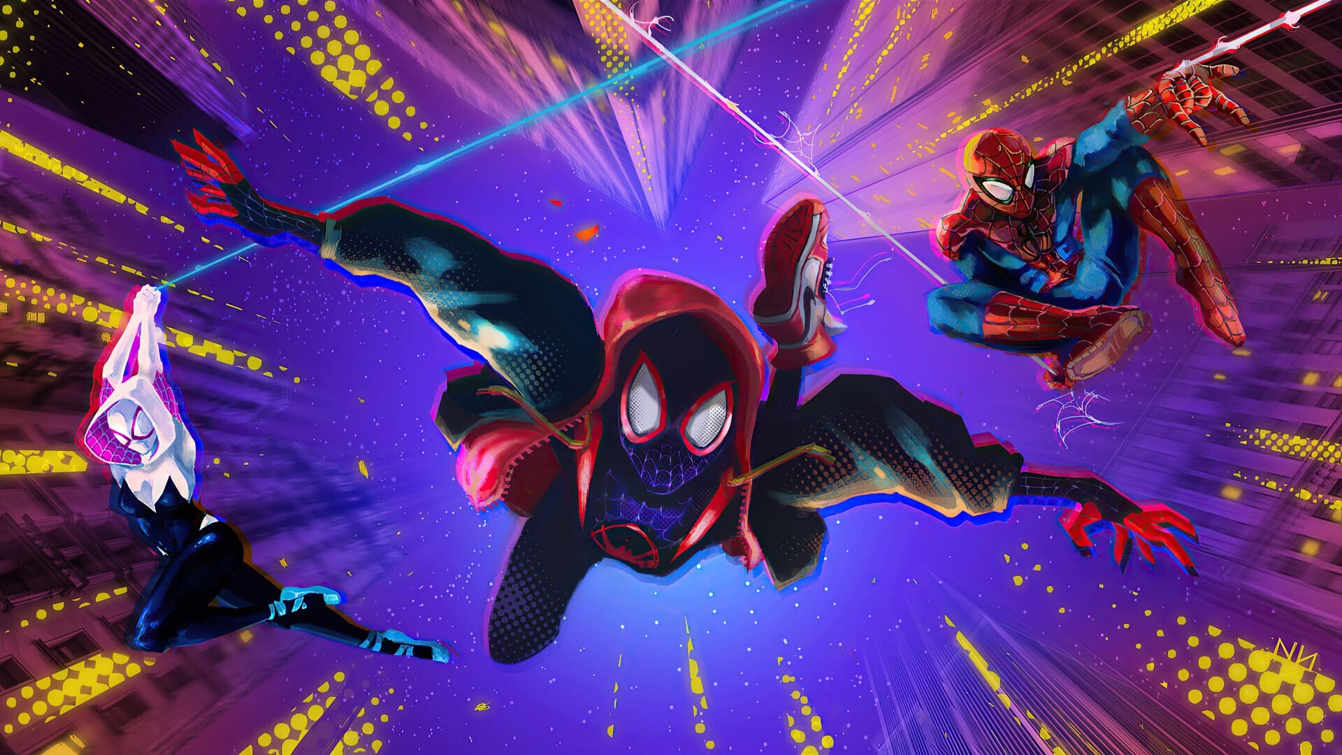 Miles Morales, Peter B. Parker, Gwen Stacy, Spider-Man: Into the Spider-Verse Wallpaper, 1920x1080 Full HD Desktop