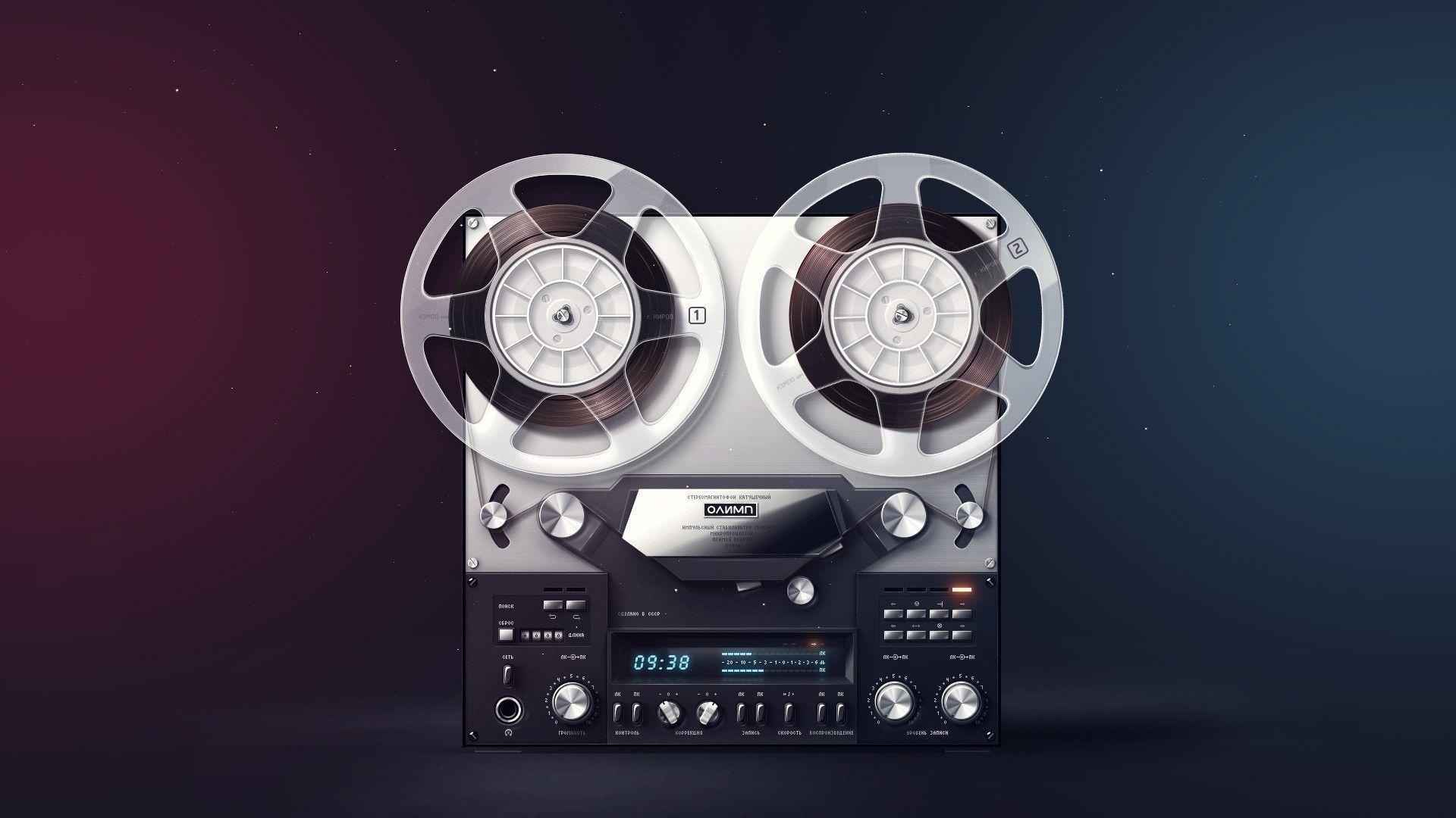 Olymp reel-to-reel tape recorder, Dual open-reel audio tapes, Brushed metal control knobs, Full HD Desktop wallpaper