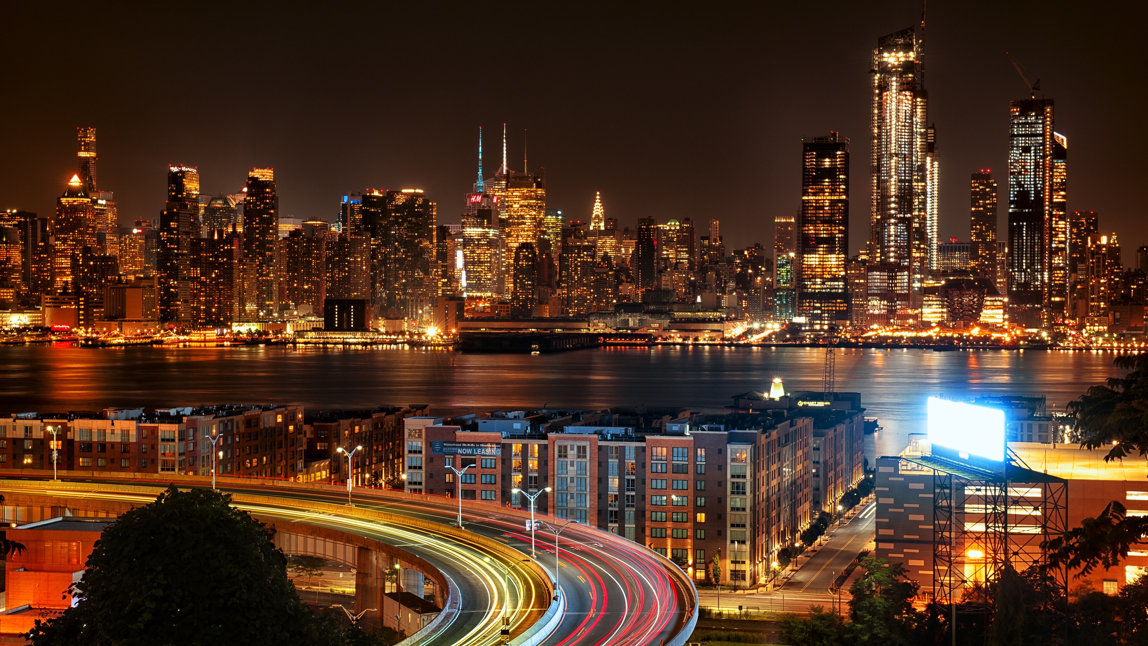 Lincoln Tunnel Helix, Midtown Manhattan skyline, highway traffic light trails, 4K Desktop wallpaper