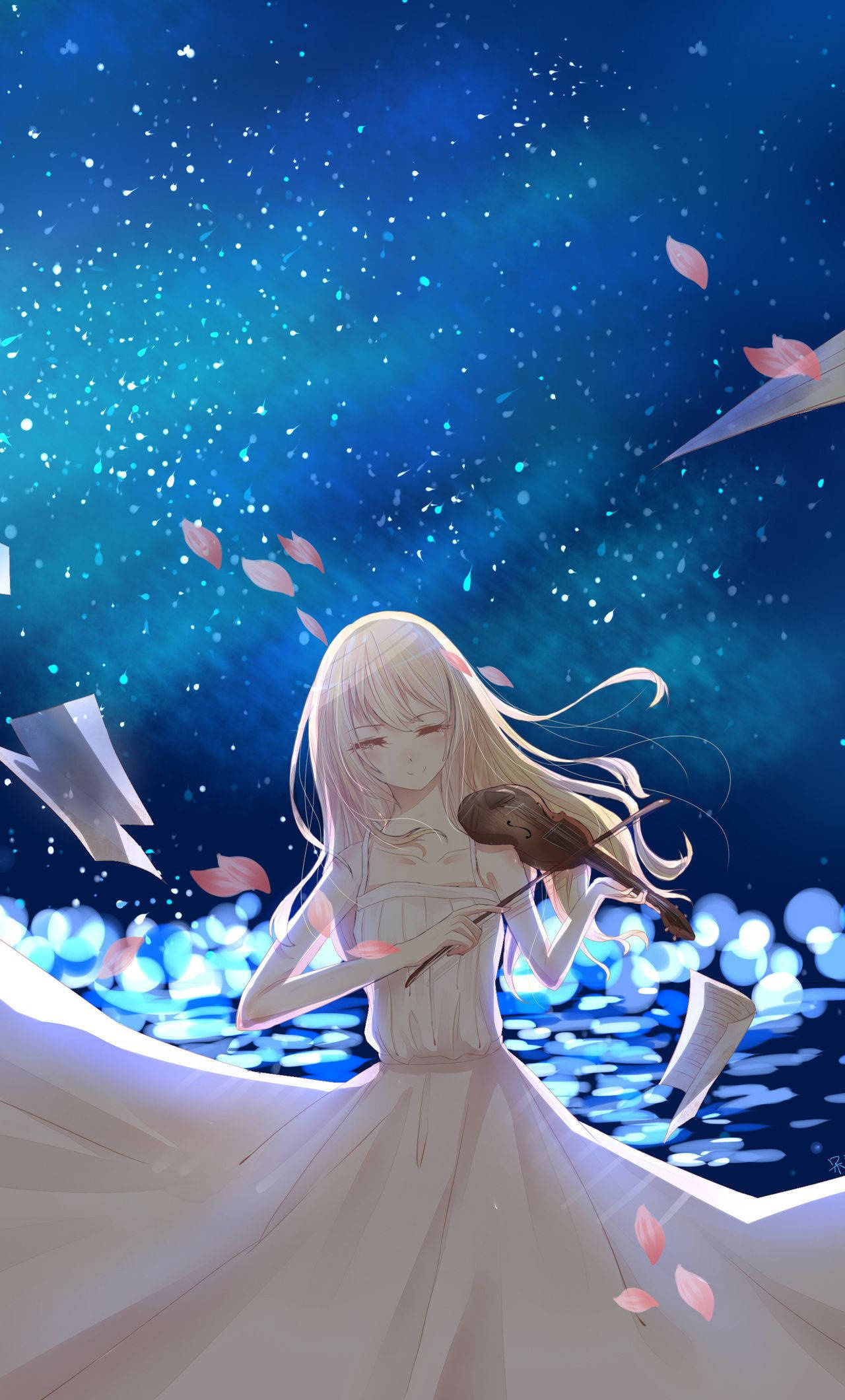 Kaori Miyazono playing violin, Floating cherry blossom petals, Starry night sky reflection, HD Phone wallpaper