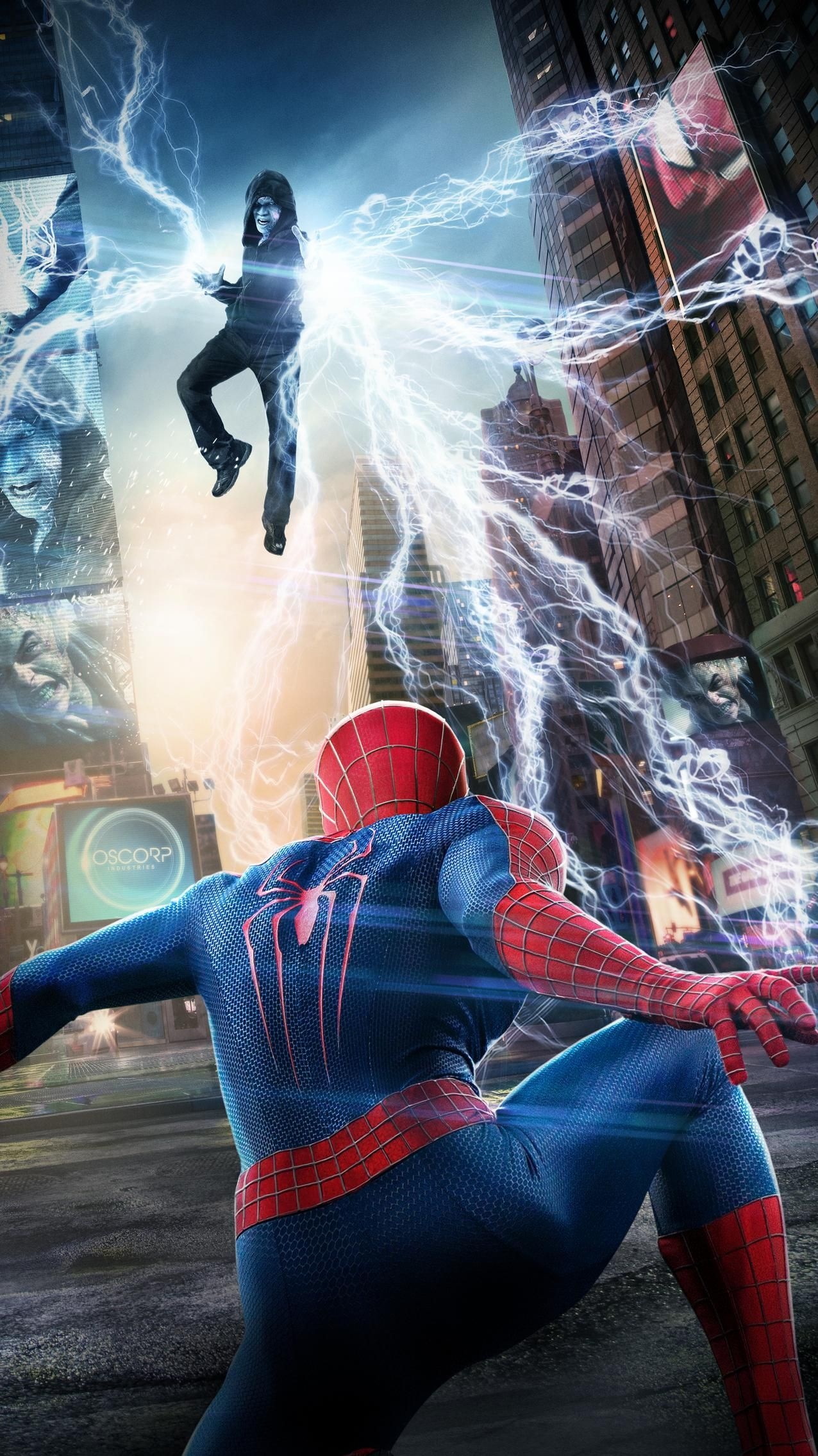 The Amazing Spider-Man, Jamie Foxx Electro, OSCORP Industries sign, Times Square, HD Phone wallpaper
