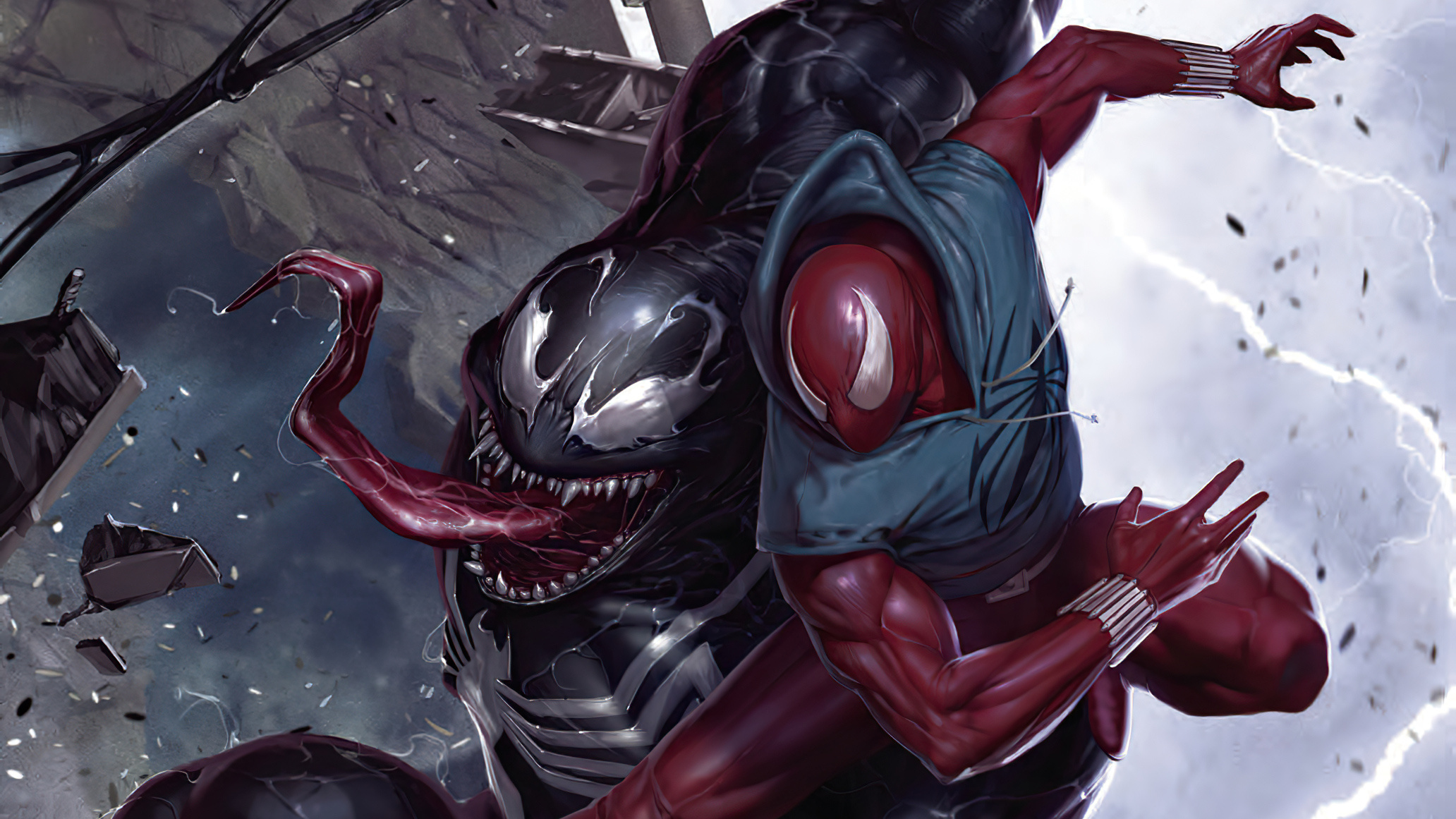 Scarlet Spider Ben Reilly, Venom, Lightning storm battle, HD Desktop wallpaper