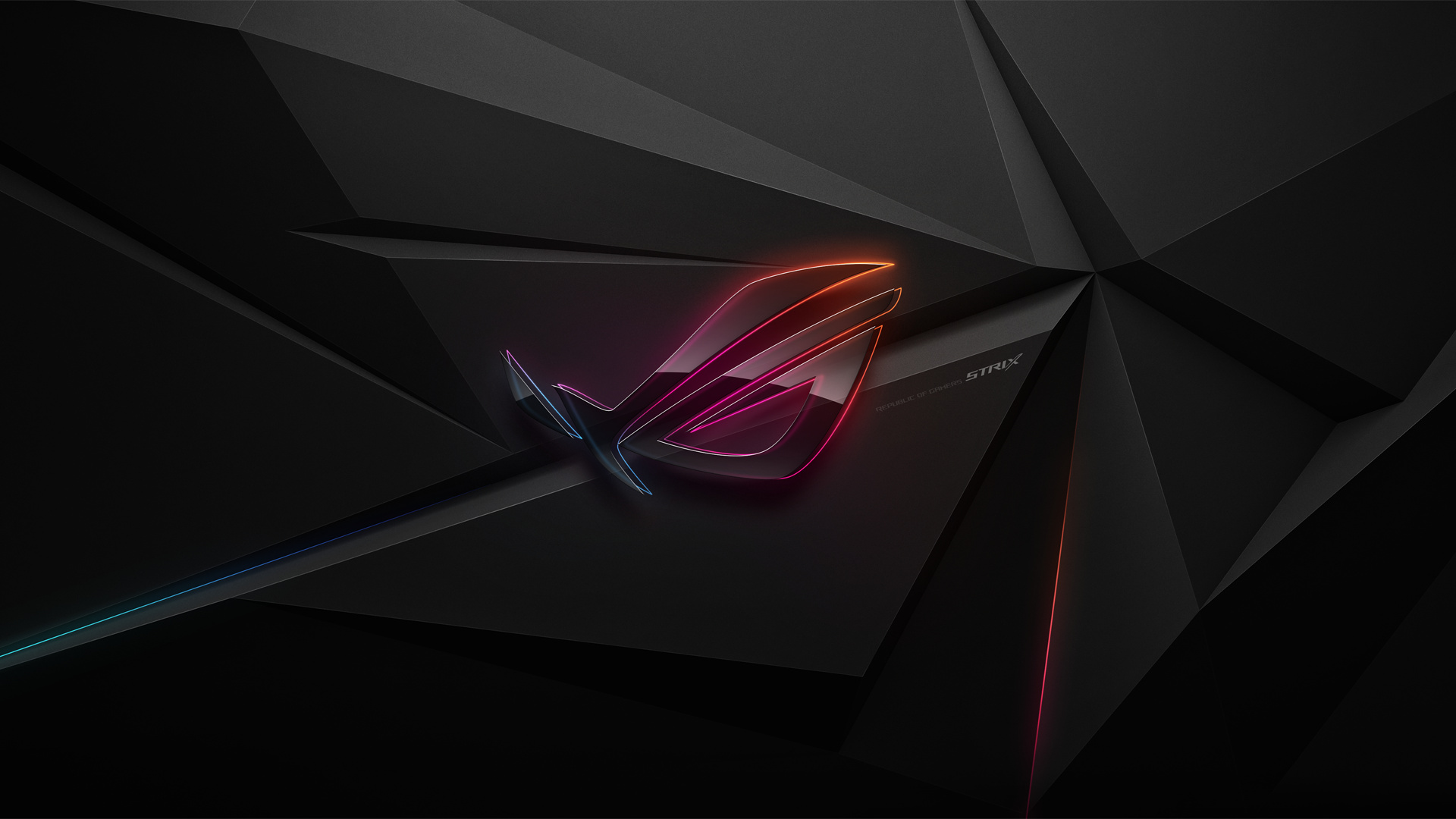 ASUS Republic of Gamers logo, ROG Strix lettering, Black faceted polygon surface, RGB neon outline glow, Full HD Desktop wallpaper