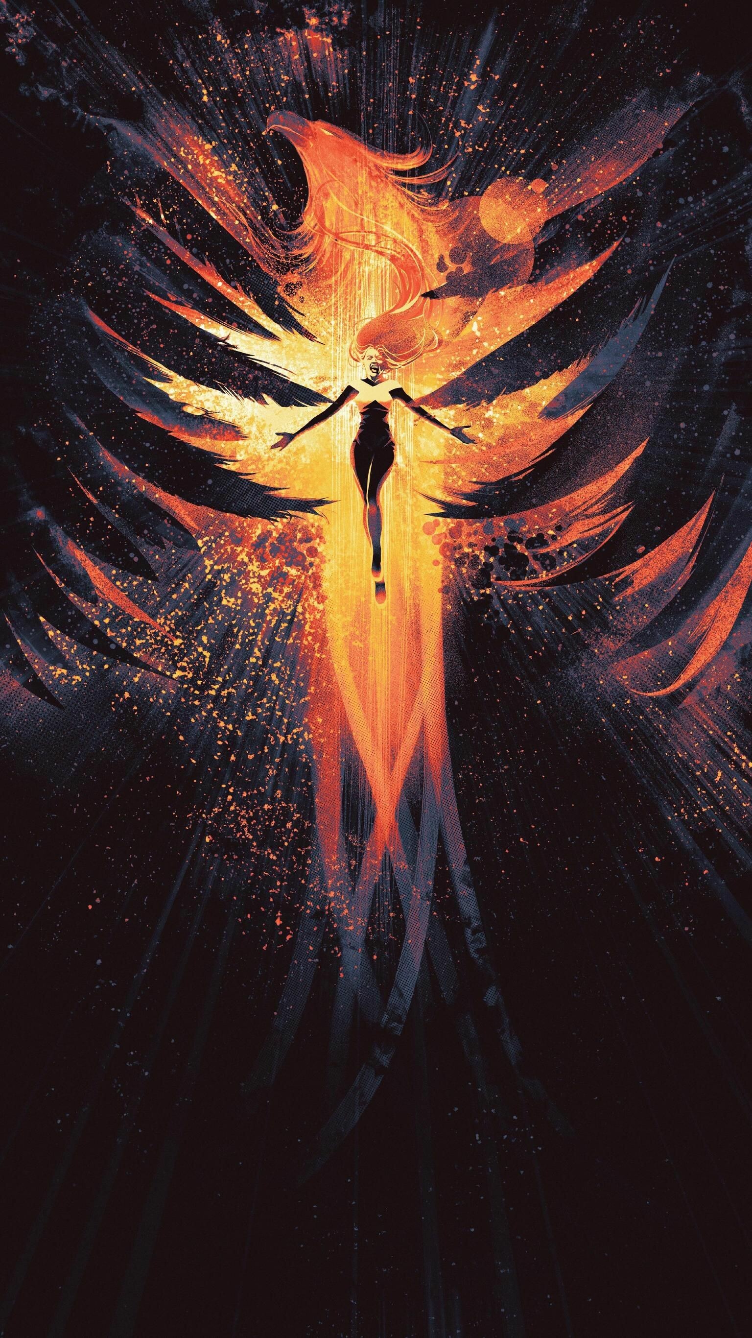 Dark Phoenix artwork, Movie wallpaper, Fiery manifestation, Marvel supervillain, 1540x2740 HD Phone