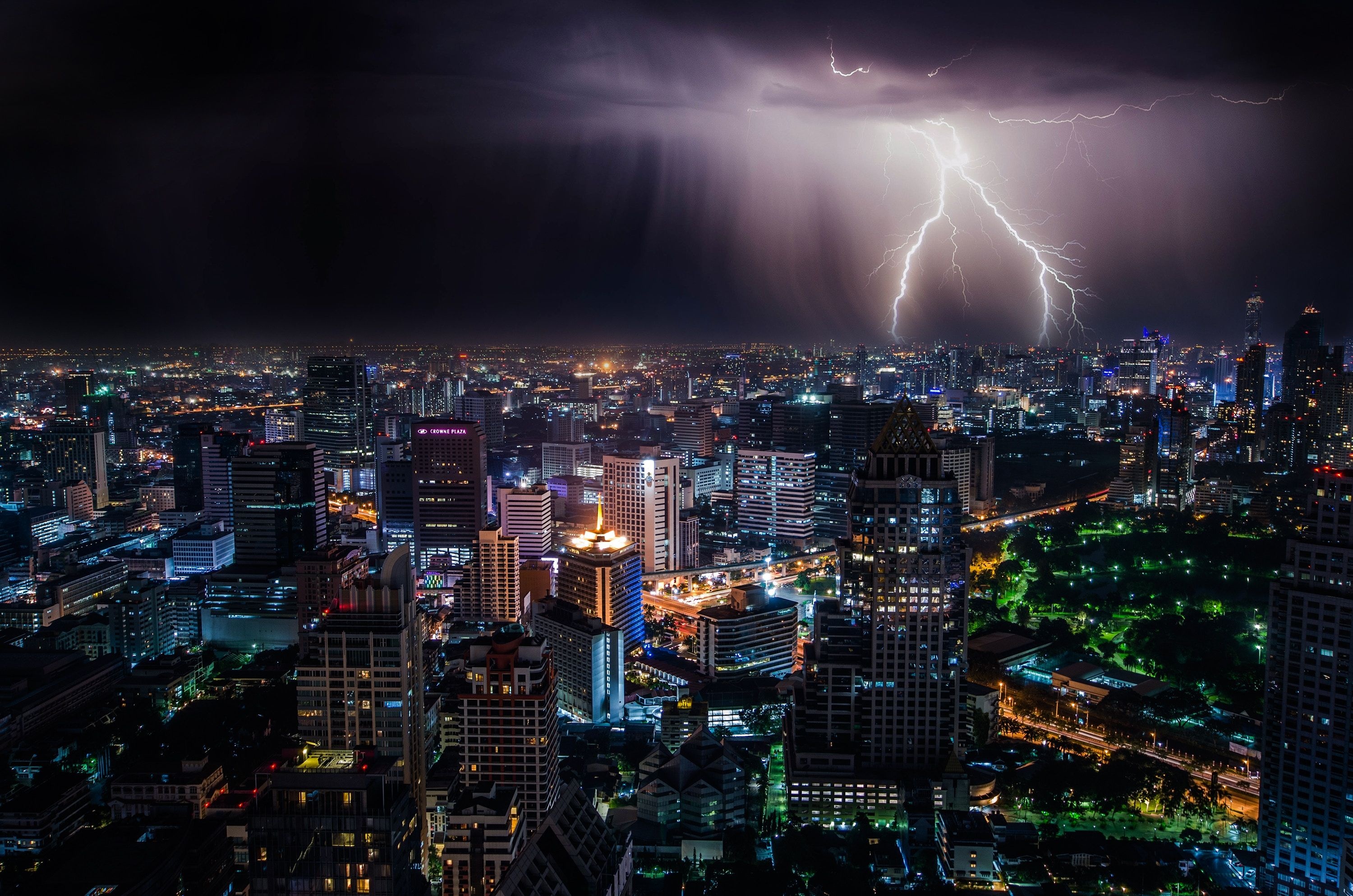 Bangkok Skyline, Travels, Lighting strikes, Stormy night, 3000x1990 HD Desktop