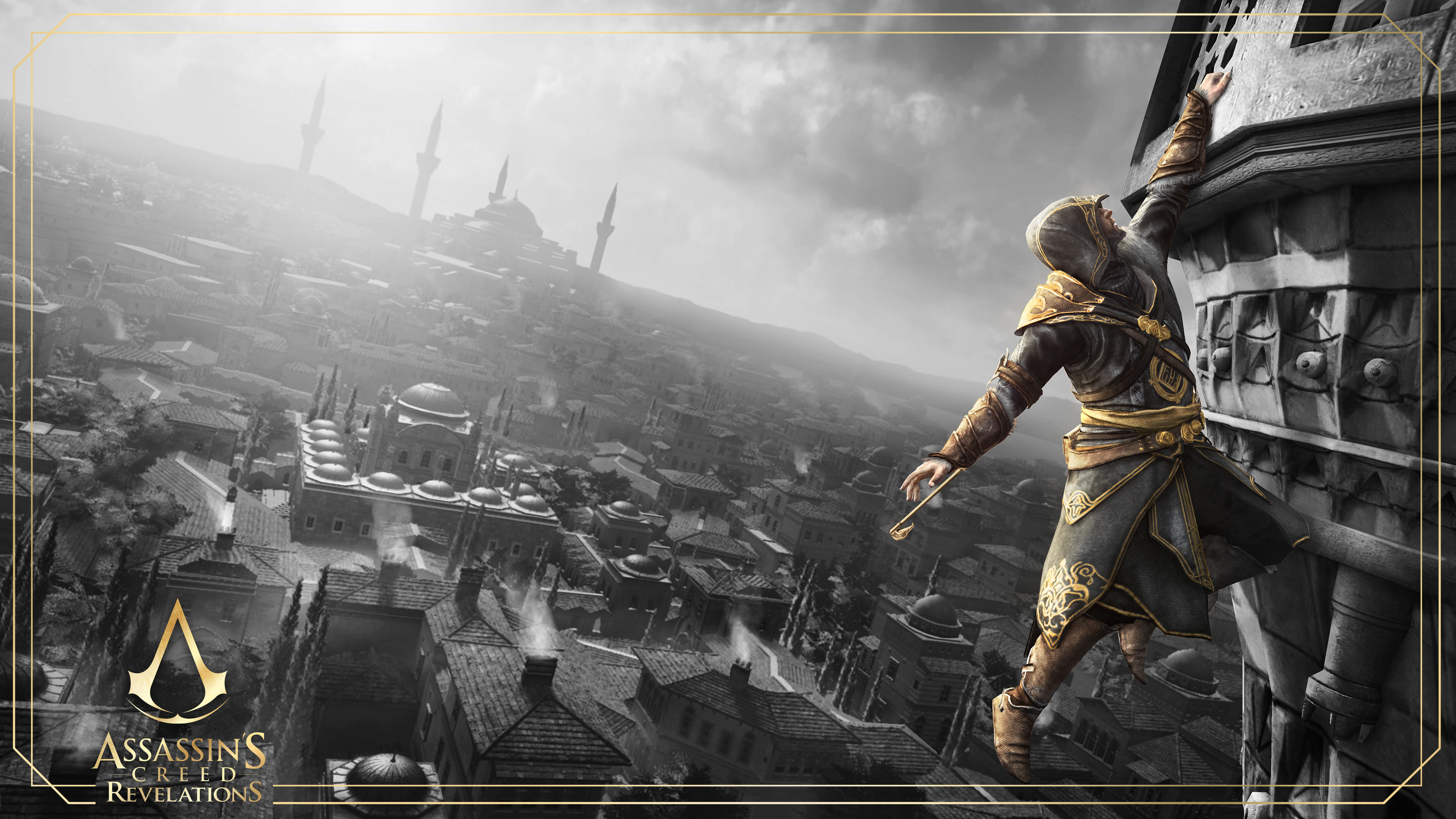 Ezio Auditore da Firenze, Assassin's Creed Revelations logo, Constantinople cityscape, 4K Desktop wallpaper