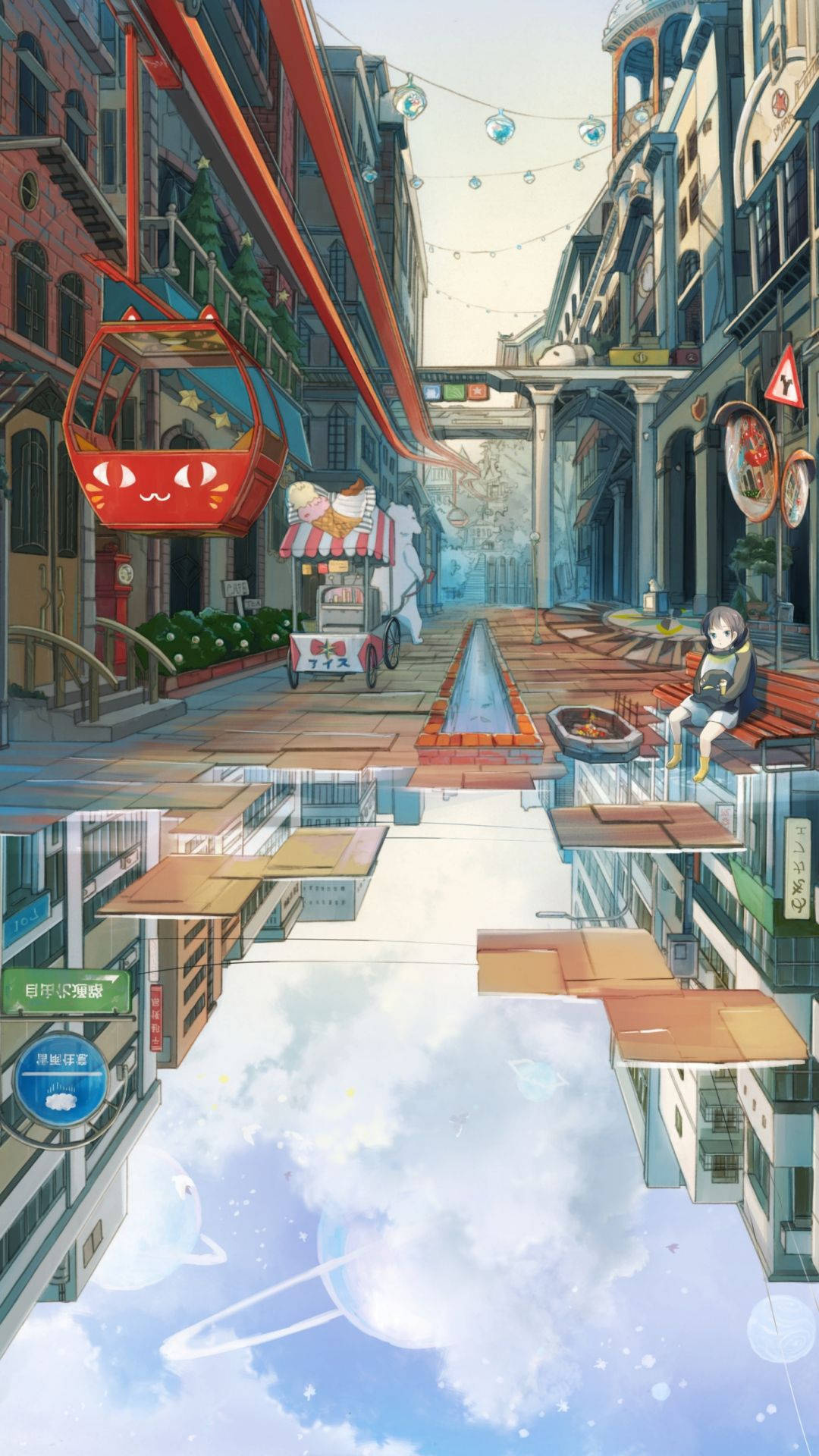 cat-faced cable car, seated anime girl, inverted city reflection, Full HD Phone wallpaper