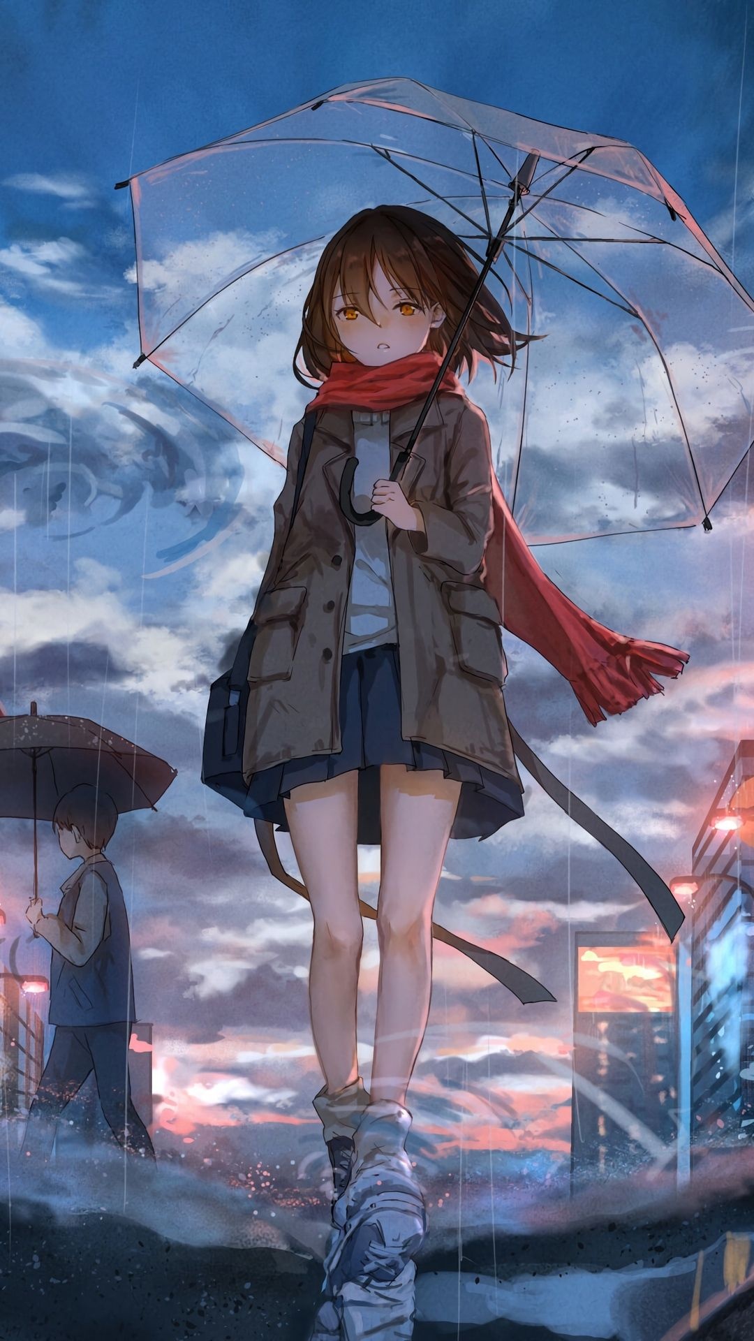 Anime girl with red scarf, Clear transparent umbrella, Rainy twilight city street, Full HD Phone wallpaper