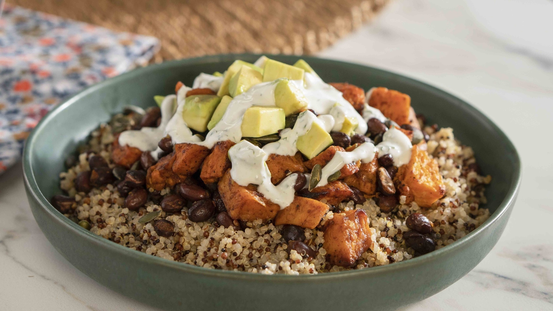 Sweet potato, Black bean bowls, Yogurt dressing, Valerie Bertinelli, 1920x1080 Full HD Desktop