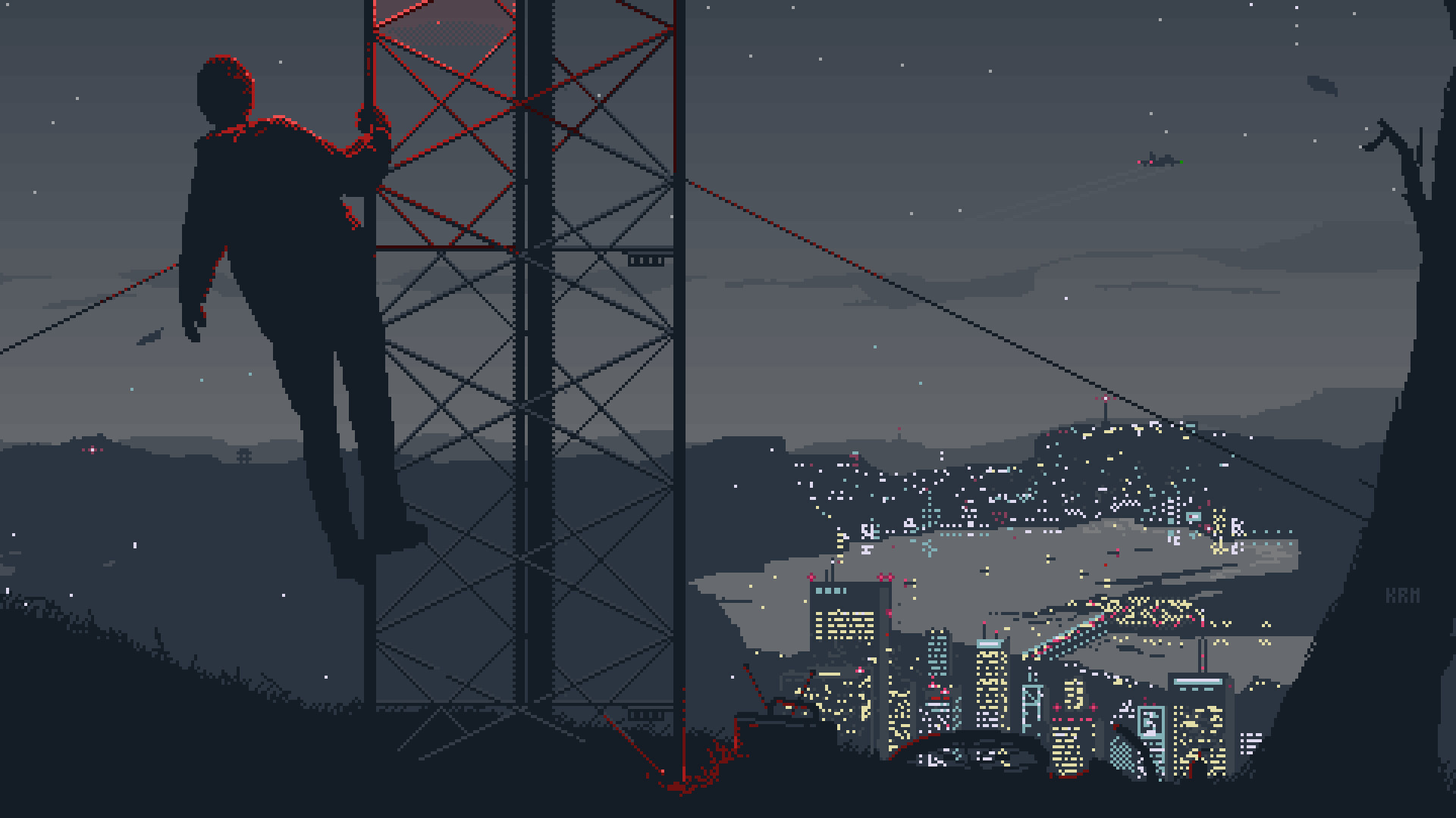 man climbing radio tower, lattice transmission tower, illuminated night cityscape, Full HD Desktop wallpaper