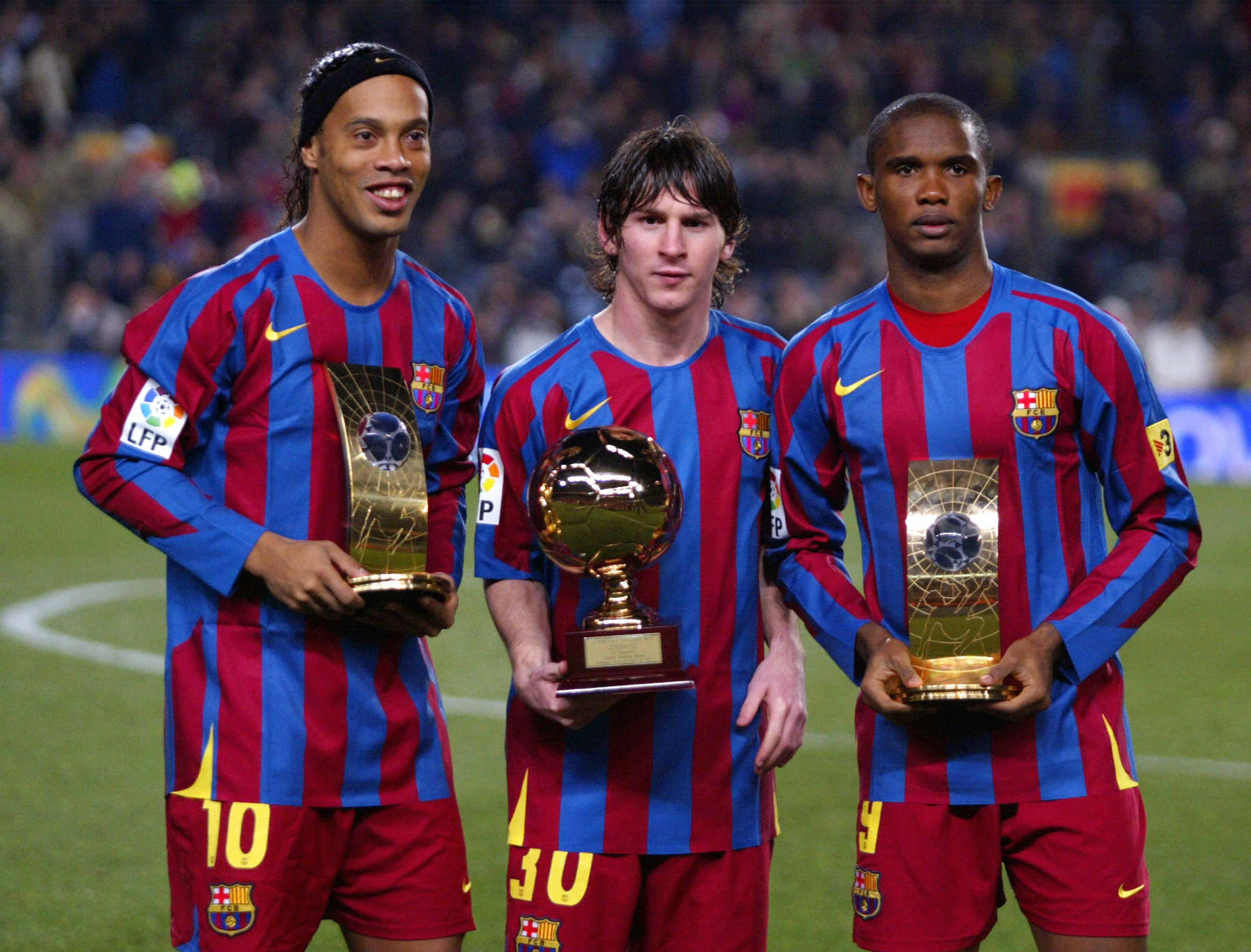 Ronaldinho, Lionel Messi, Samuel Eto'o, FC Barcelona, HD Desktop wallpaper