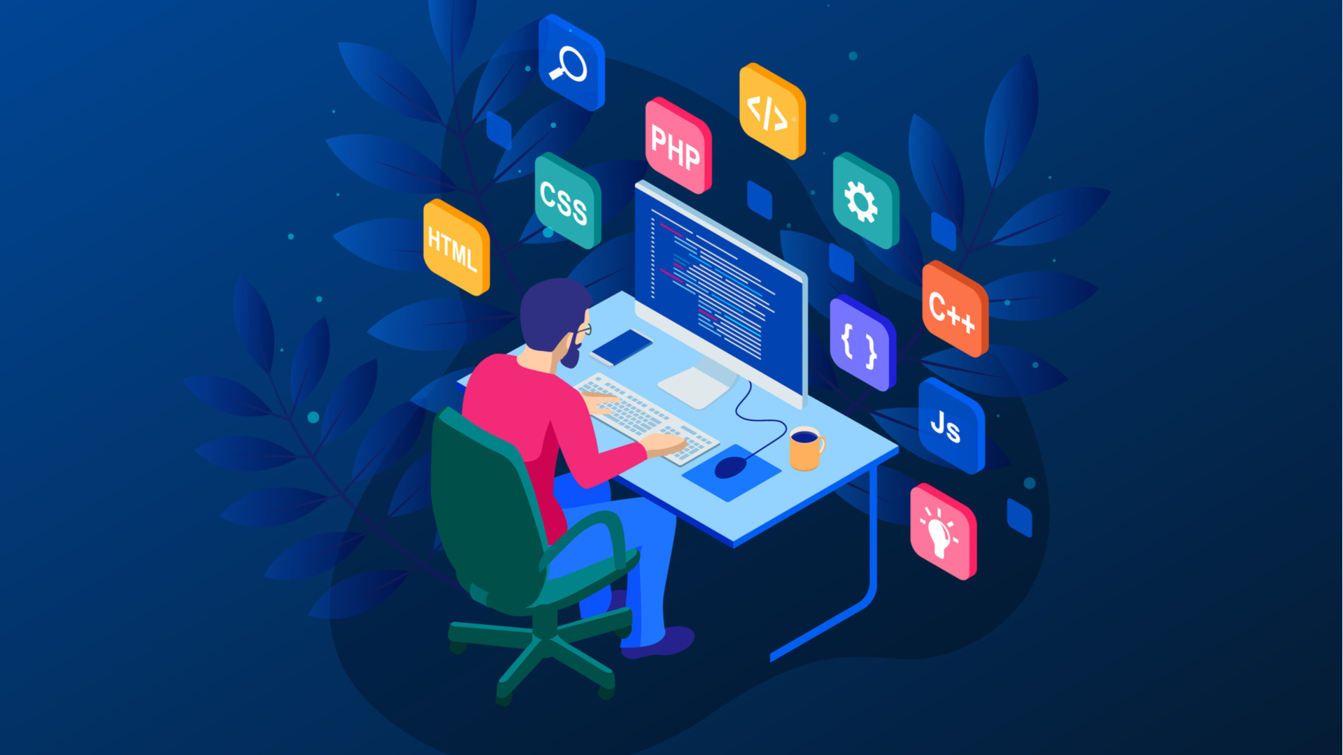 isometric software developer, HTML CSS PHP icons, computer code screen, Full HD Desktop wallpaper