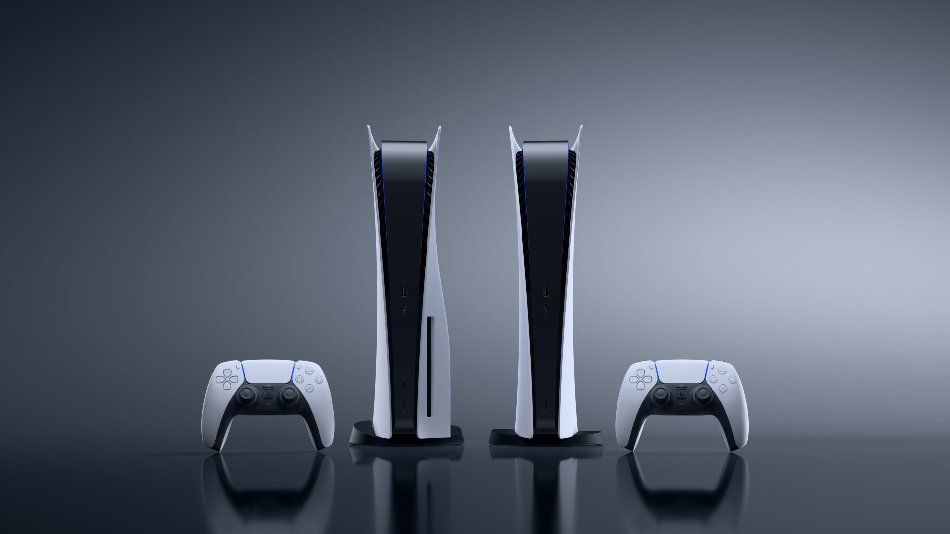 PlayStation 5 console, PlayStation 5 Digital Edition, Two DualSense controllers, Dark grey studio backdrop, Full HD Desktop wallpaper