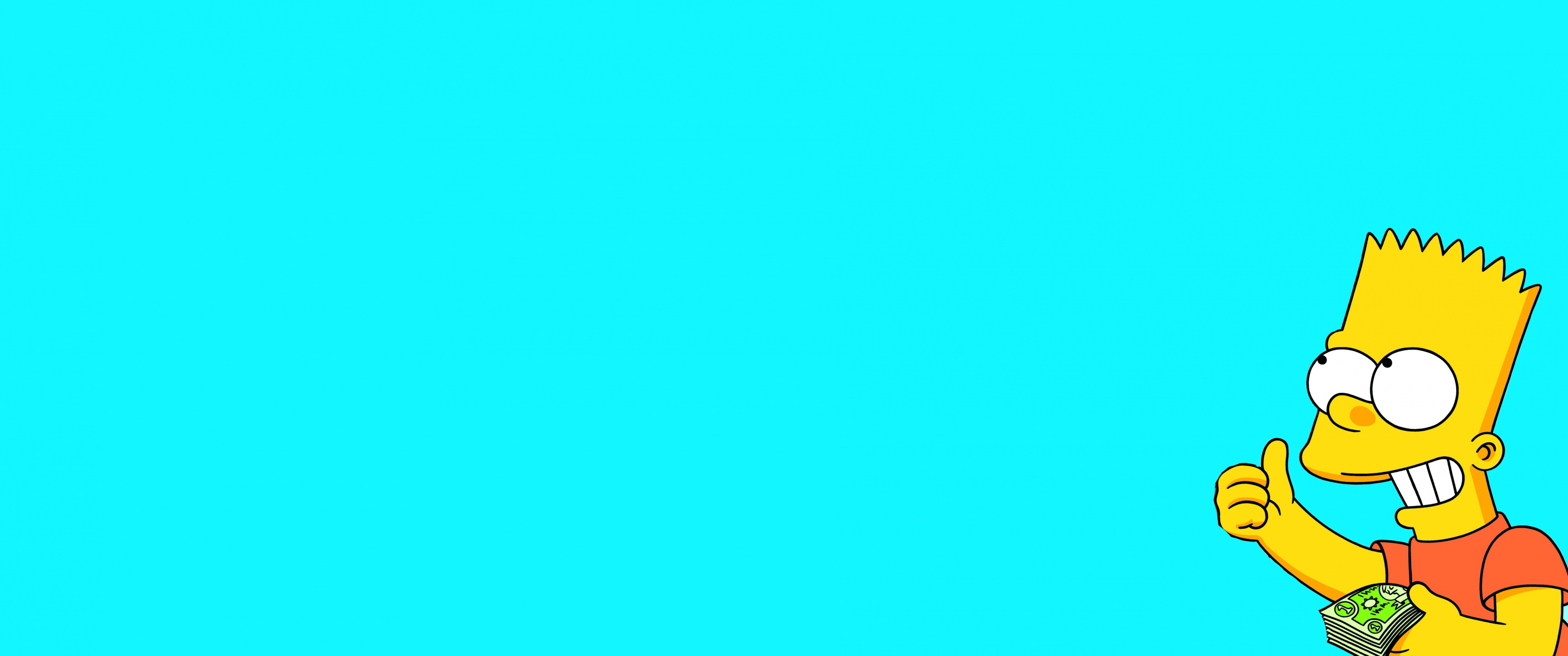 Bart Simpson, Stack of dollar bills, Cyan minimalist background, Dual Screen Desktop wallpaper