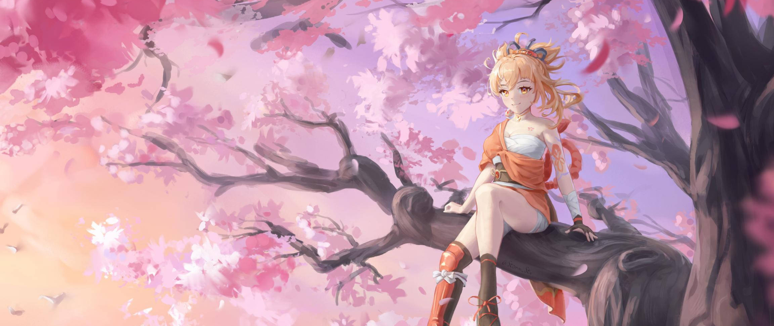 Yoimiya, Genshin Impact, Blooming cherry blossom tree, Dual Screen Desktop wallpaper