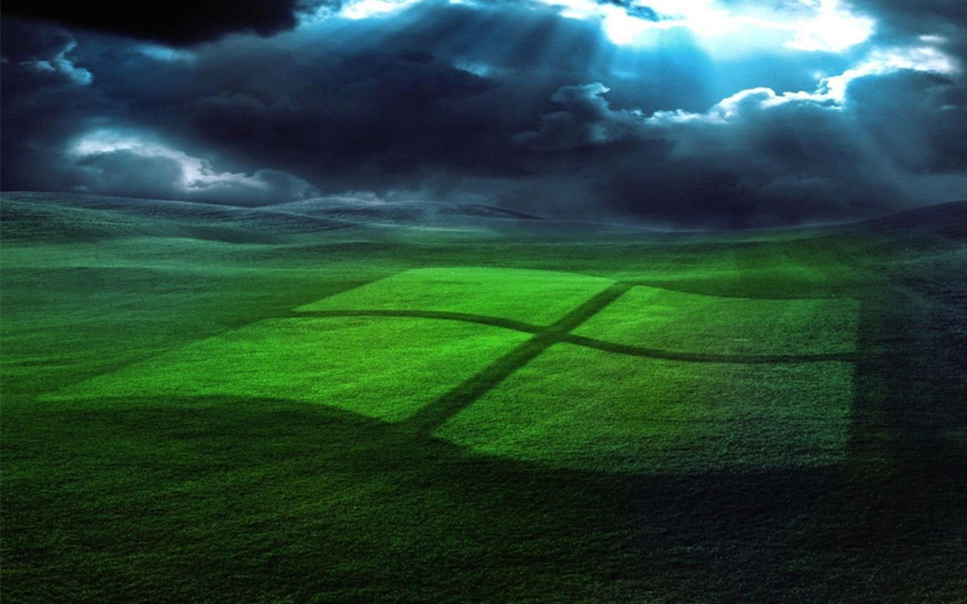 Microsoft Windows logo, rolling green field, dark storm clouds, HD Desktop wallpaper
