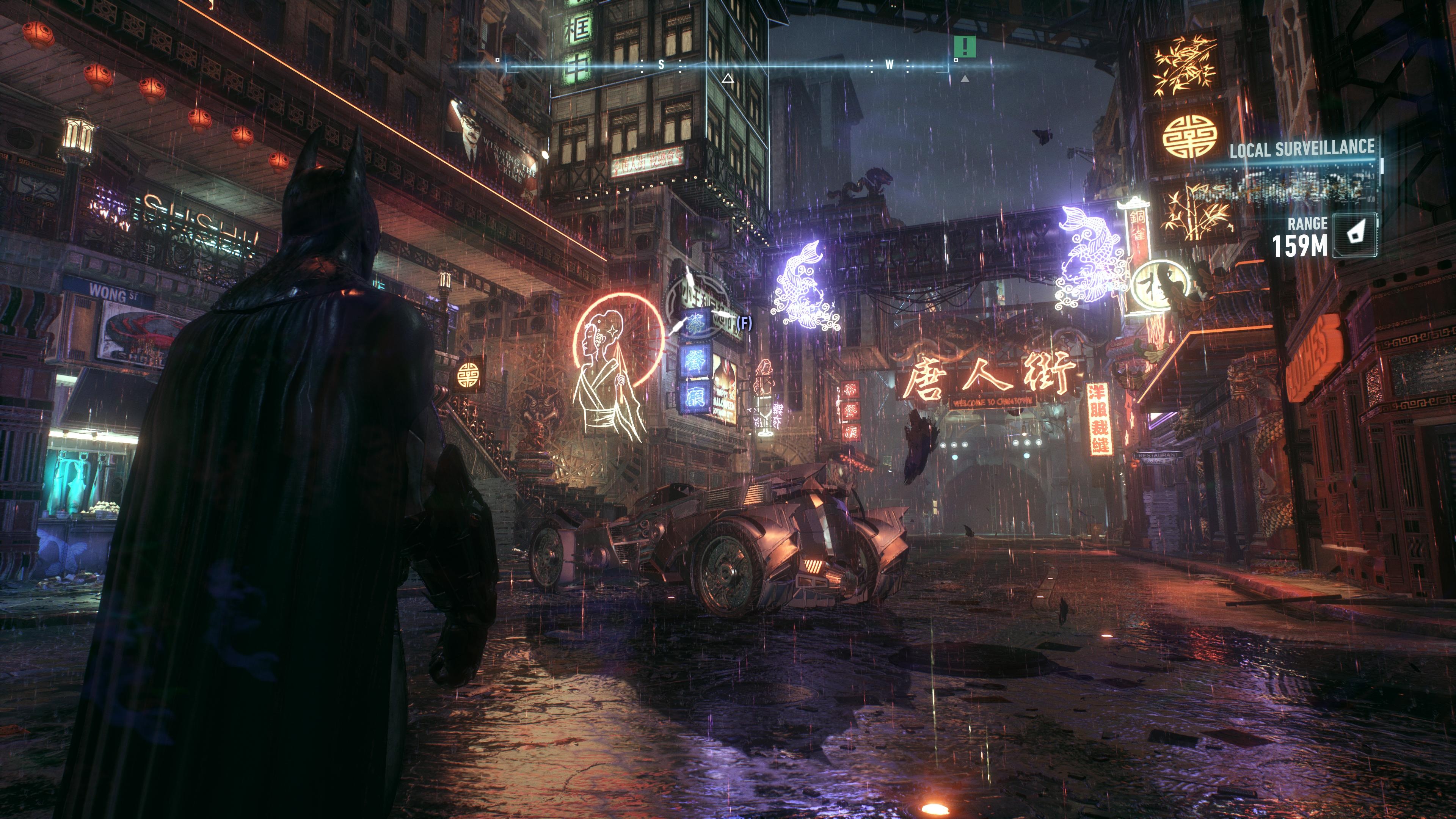 Batman Arkham Knight suit, Batmobile Arkham Knight, Gotham City Chinatown street, 4K Desktop wallpaper