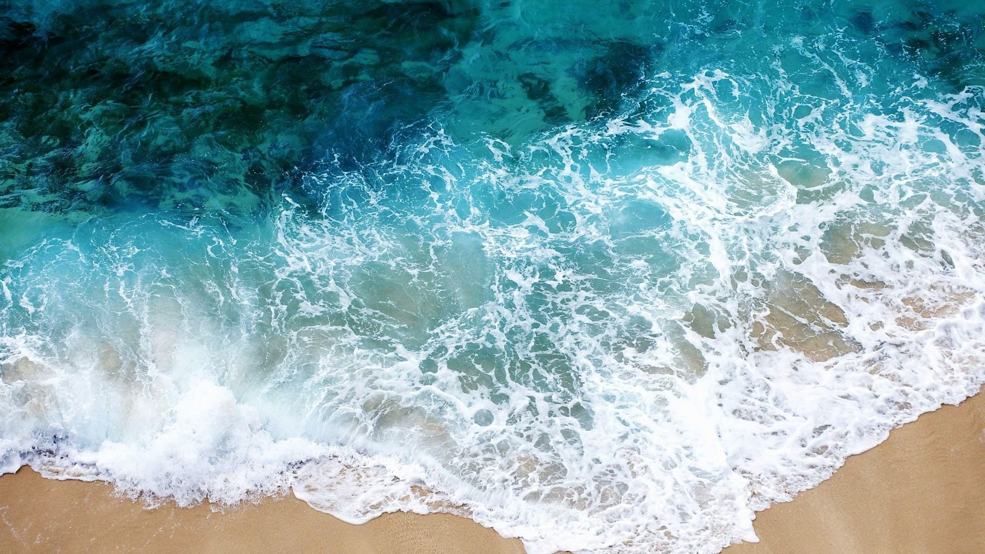 turquoise ocean wave, white sea foam surf, golden sand beach, Full HD Desktop wallpaper