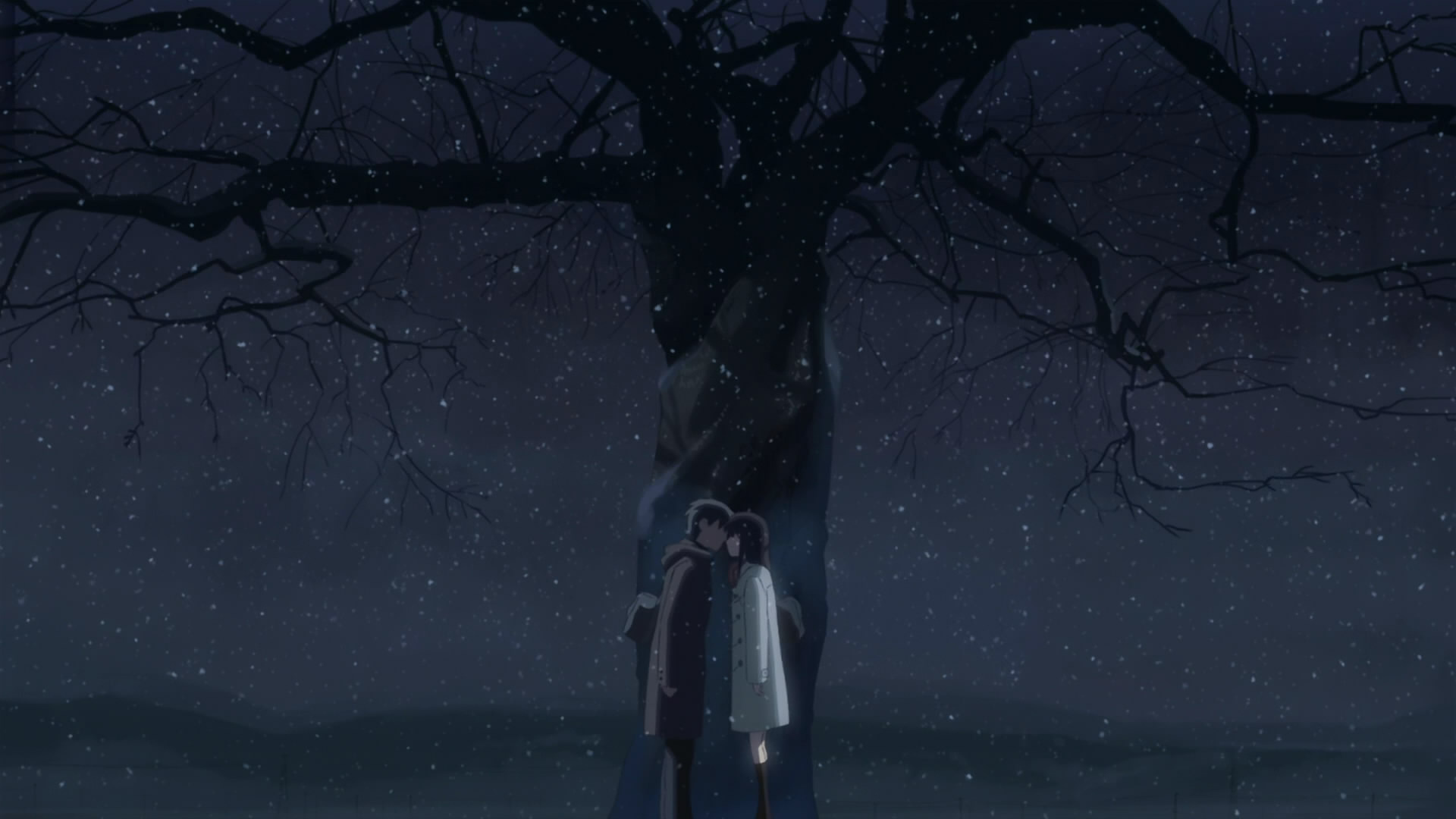 Takaki Tono and Akari Shinohara, Snowy cherry blossom tree, 5 Centimeters per Second, Full HD Desktop wallpaper
