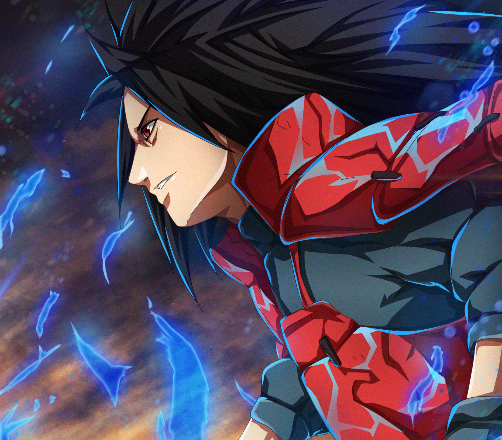 Madara Uchiha, Sharingan eye, blue chakra flames, HD Desktop wallpaper