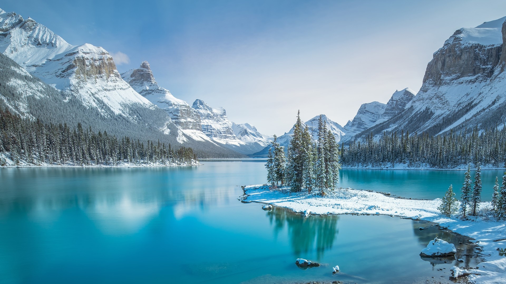 Jasper National Park, Nature landscape, Maligne Lake, Snow, 1920x1080 Full HD Desktop