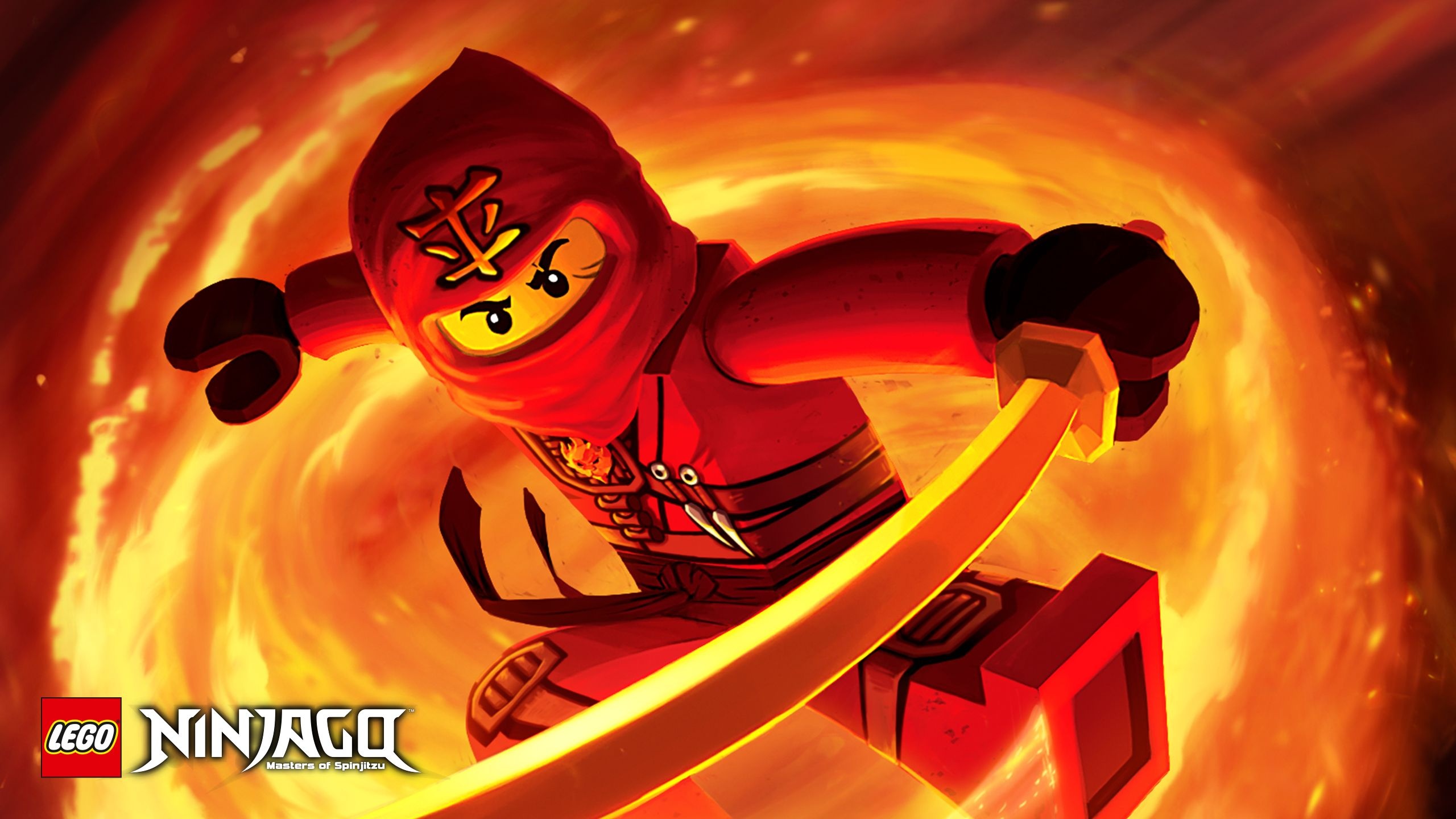 Kai the fire ninja, Golden katana in flames, Ninjago: Masters of Spinjitzu logo, HD Desktop wallpaper