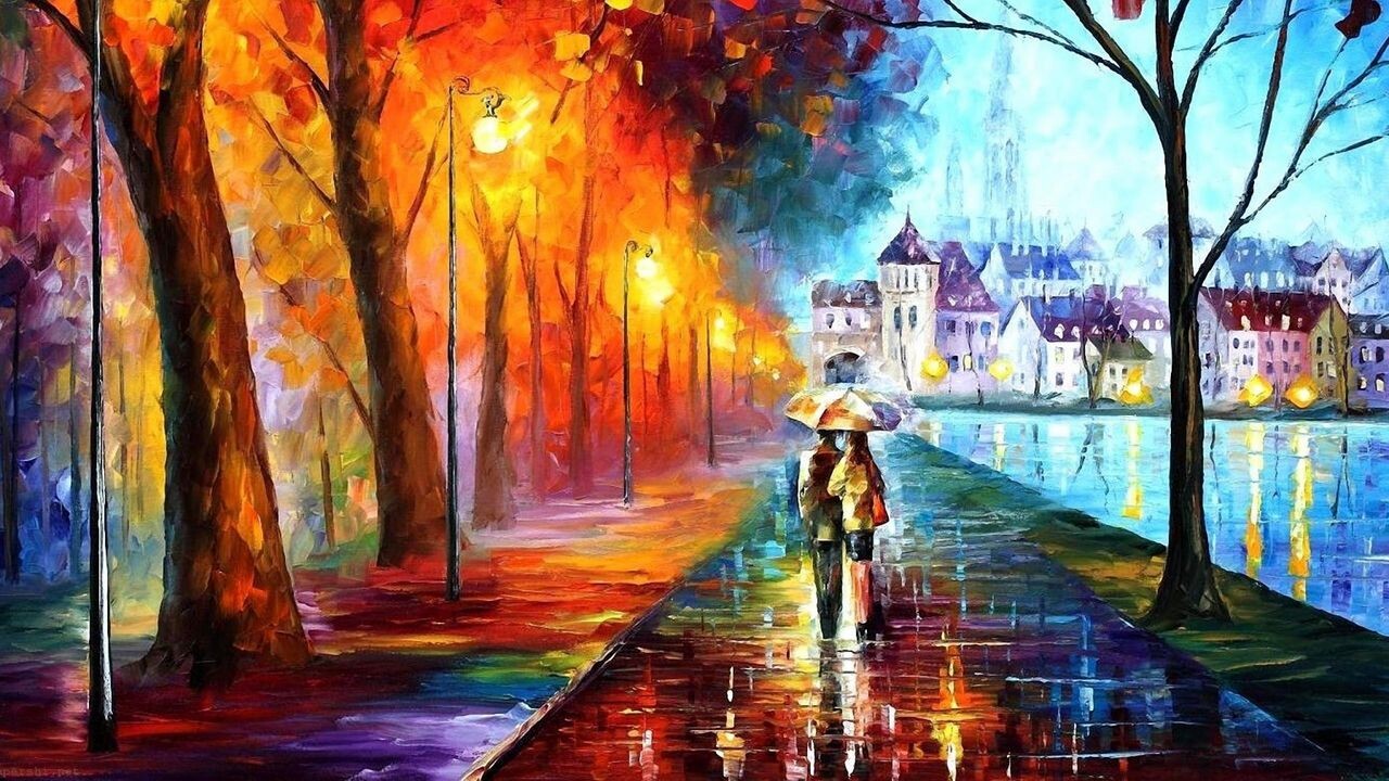 Couple with Umbrella, Rainy Park Path, Autumn Lanterns, Computer Wallpaper HD