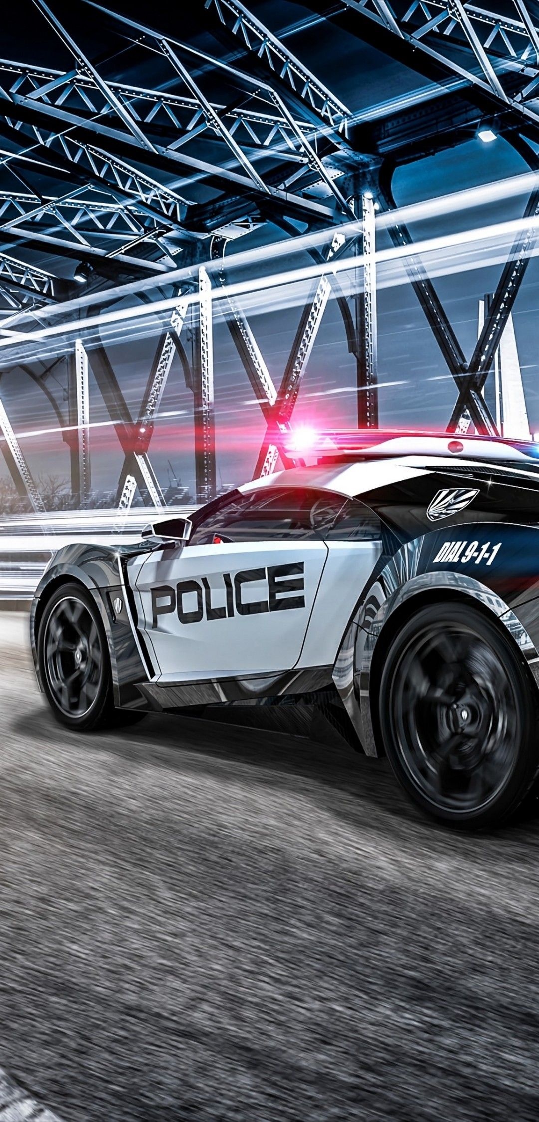 Lykan HyperSport police car, Steel truss bridge, Flashing emergency light bar, HD Phone wallpaper